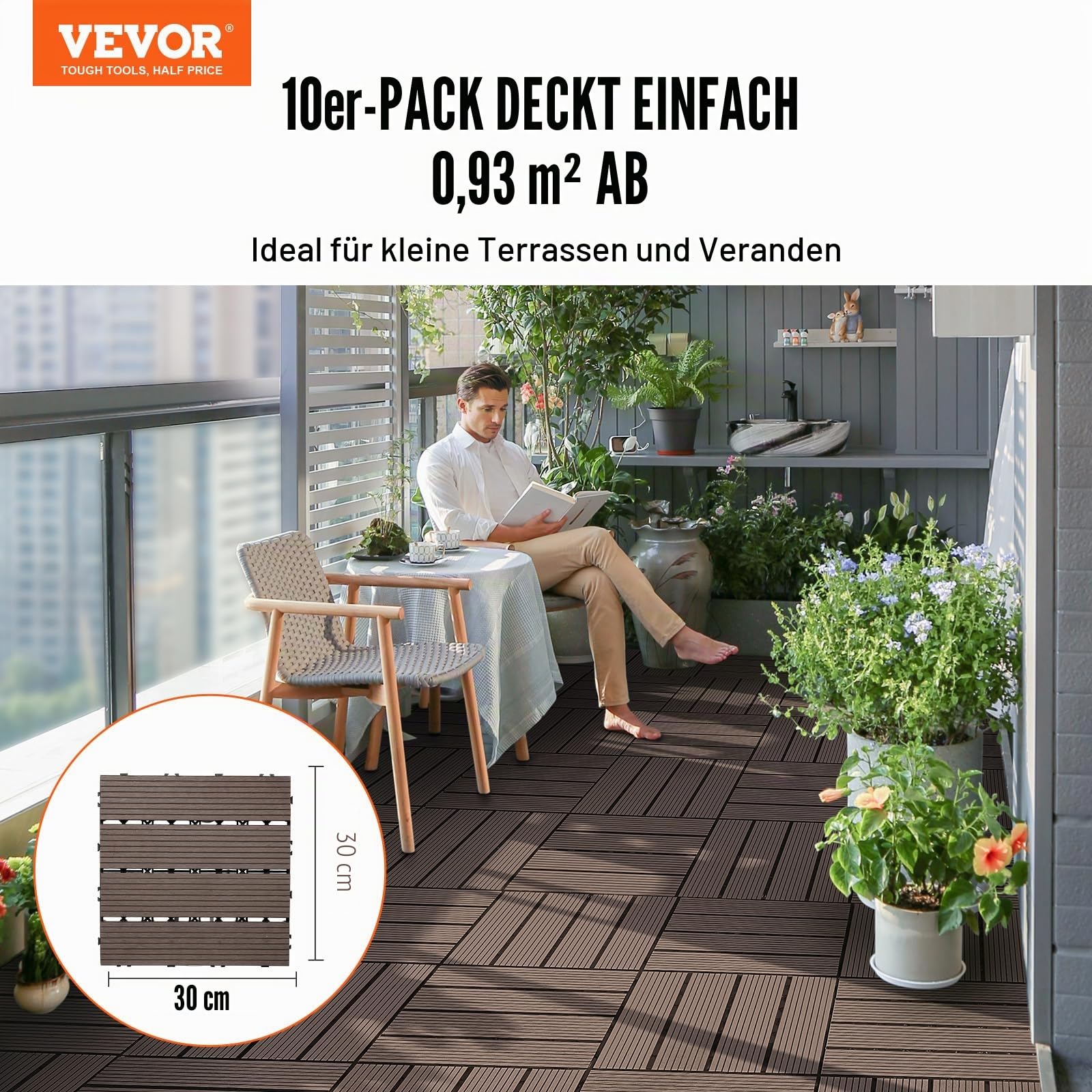 VEVOR Terrassenfliesen, 27er-Set, Balkonfliesen 30x30cm, Klickfliesen, wasserdichter Kunststoff-Bodenbelag für den Außenbereich, Terrassenbodenbelag für Veranda, Pool, Balkon, Hinterhof, Dunkelbraun