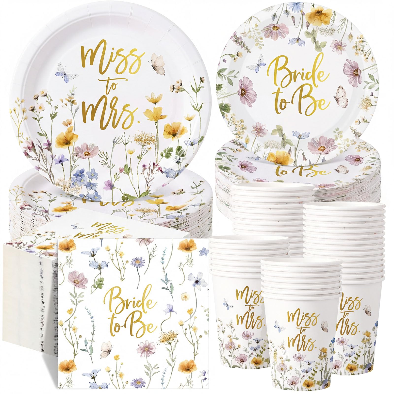 Pickmesh 250 Pcs Wildflower Bridal Shower Decorations Floral Miss to Mrs Plates and Napkins Sets Bride to Be Disposable Paper Tableware Set for Wedding, Engagement, Bachelorette Party, Serves 50