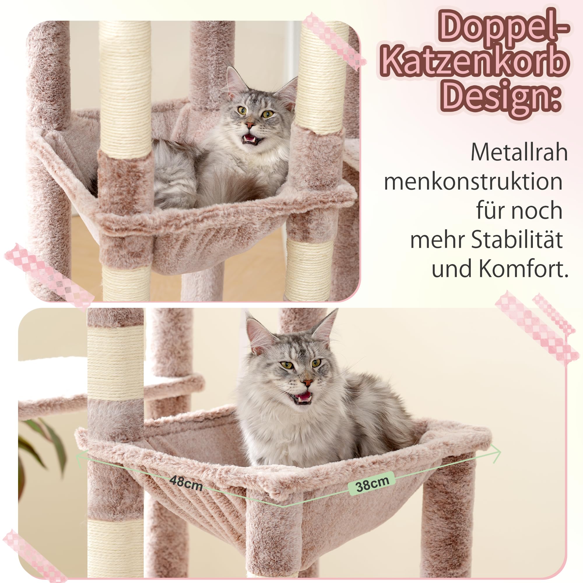 Heybly Kratzbaum, 180 cm Kratzbaum Groß mit extrem Stabiler Basis, XL-Plattform, großes Katzenhaus, 2 Hängematten, mehrstöckige Katzenmöbel für Maine Coon und andere Großkatzen, Braun-beige HCT037MU