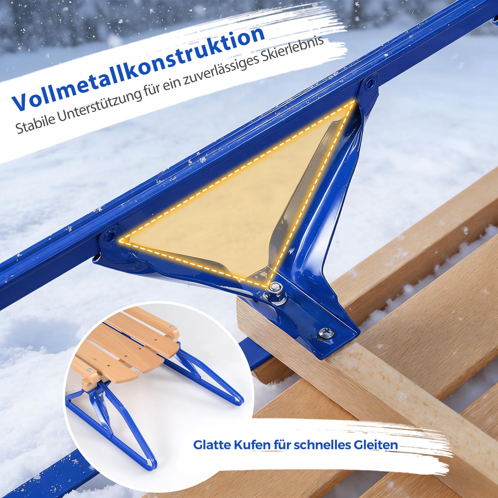 COSTWAY Schlitten, 137 cm Holzschlitten, Kinderschlitten aus Holz, Davoser Schneeschlitten für Kinder und Erwachsene