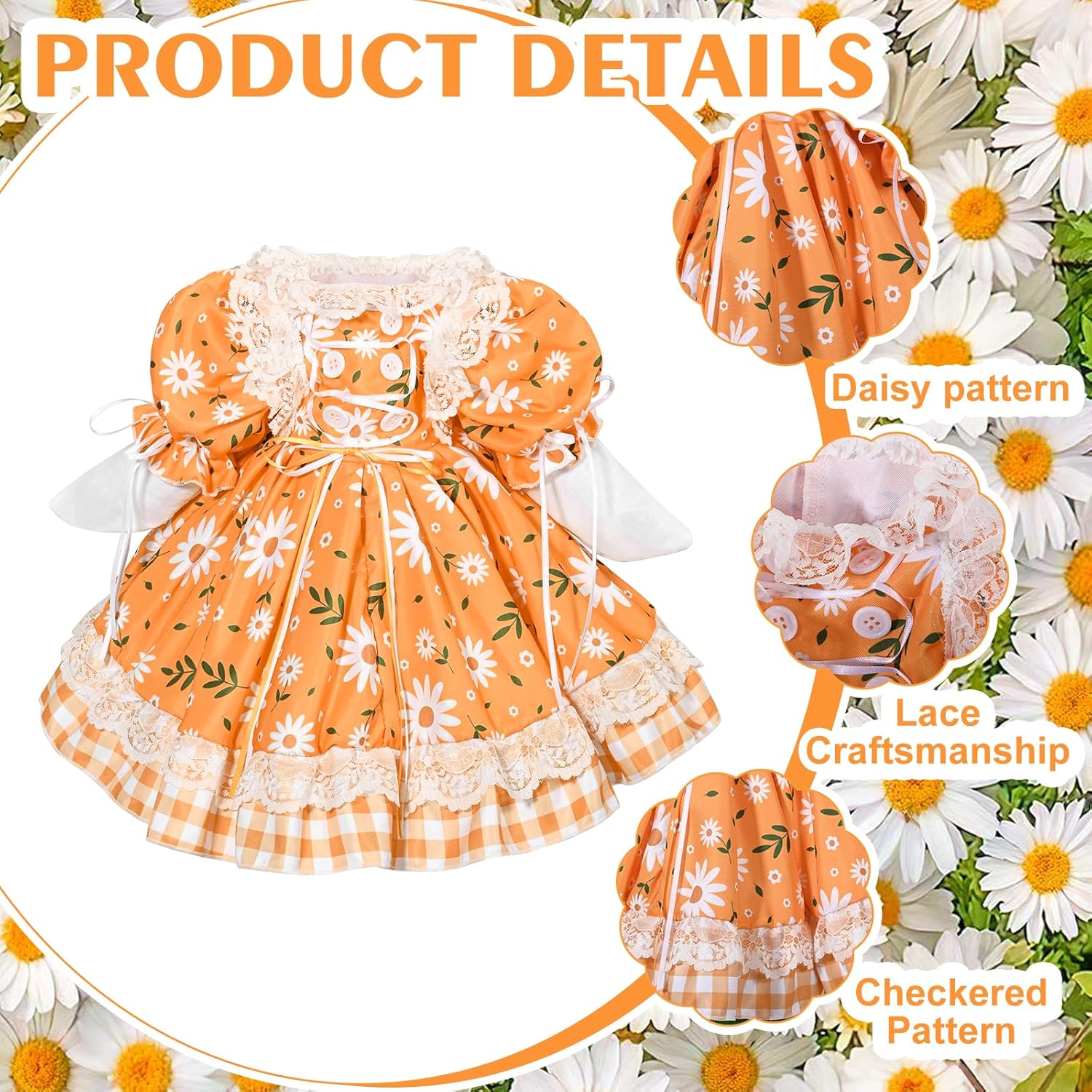 JcHrmers Spring Porch Goose Outfits Daisy Flower Goose Outfit Lolita Lawn Porch Goose Clothes Fits 23" Cement Plastic Goose Statue for Spring Outdoor Garden Yard Patio Statue Art Decor(Daisy)