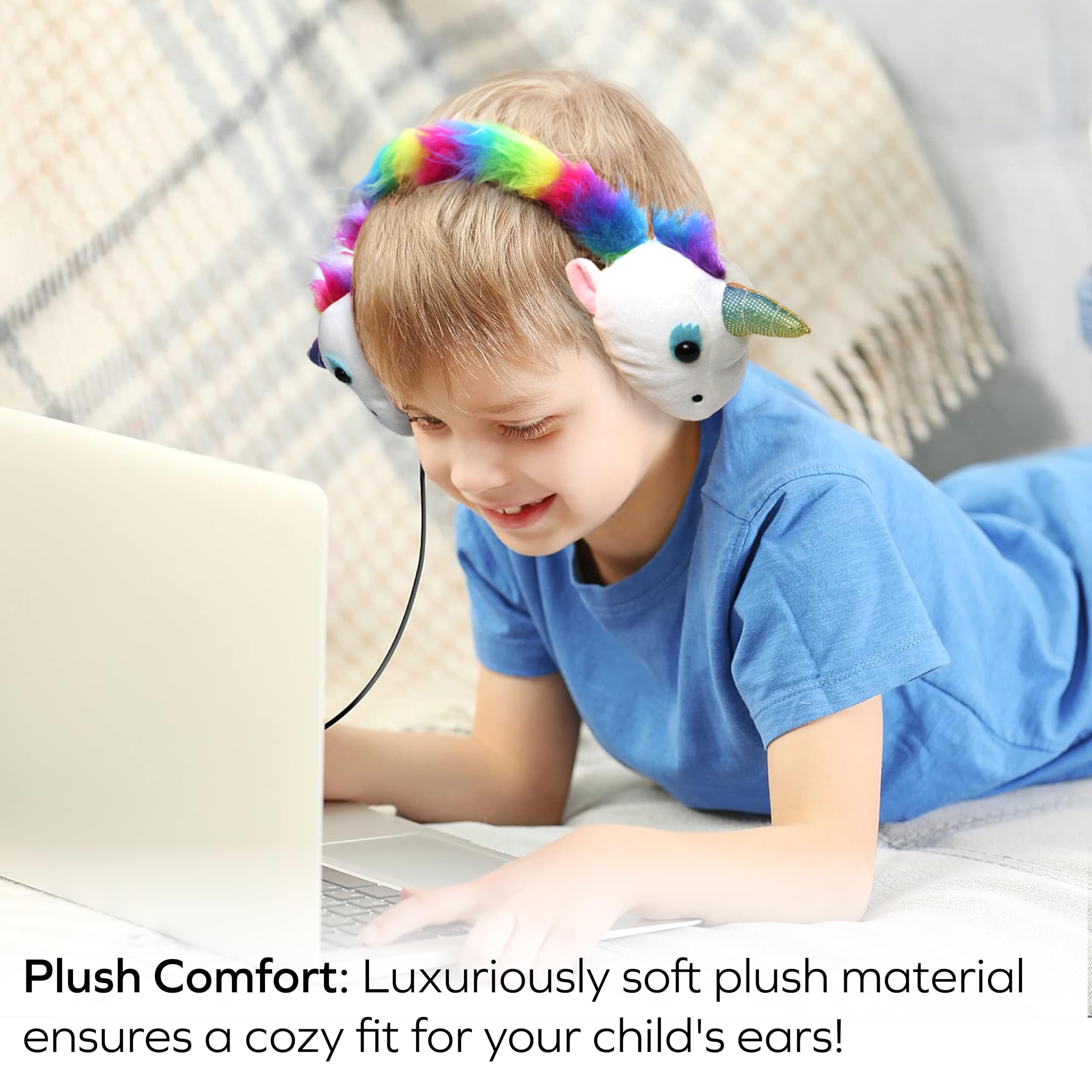 Coby Auriculares con Cable para niños, Ligeros, con micrófono, límite de Volumen de 85 dB, de Felpa, para la Escuela (Unicornio Brillante)