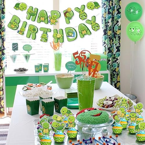 Miniatura 6 de Decoraciones de fiesta de tortuga incluye globos de tortuga, pancarta de feliz cumpleaños, decoración de pastel y mantel verde para decoraciones de