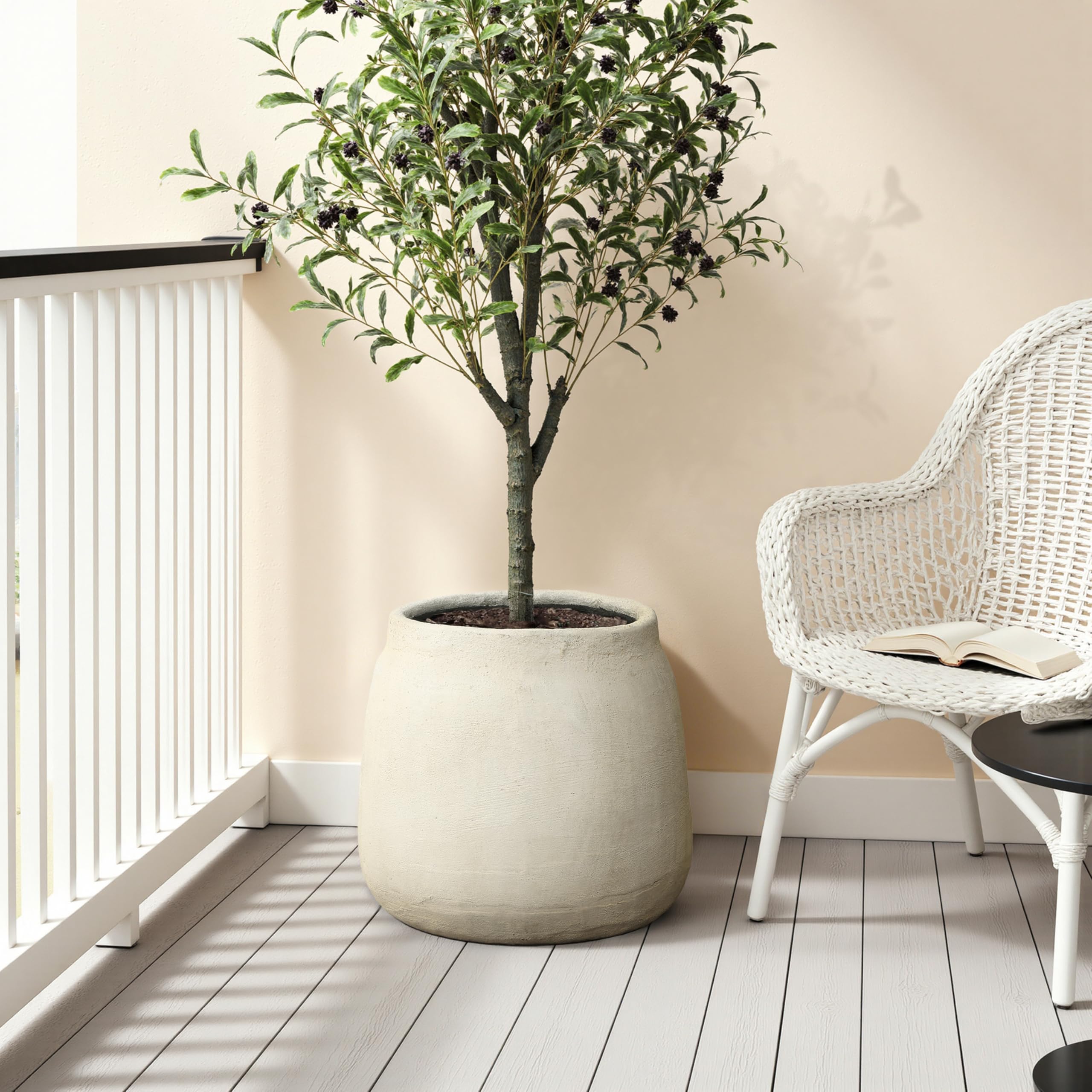 Hometopia Blumentopf Groß, Rund Übertöpfe Betonoptik für Außen & Innen, Massiver Pflanzkübel mit Drainage-Loch ideal für Wohnzimmer, Küche und Balkon (Beige, Ø42xH37 cm)