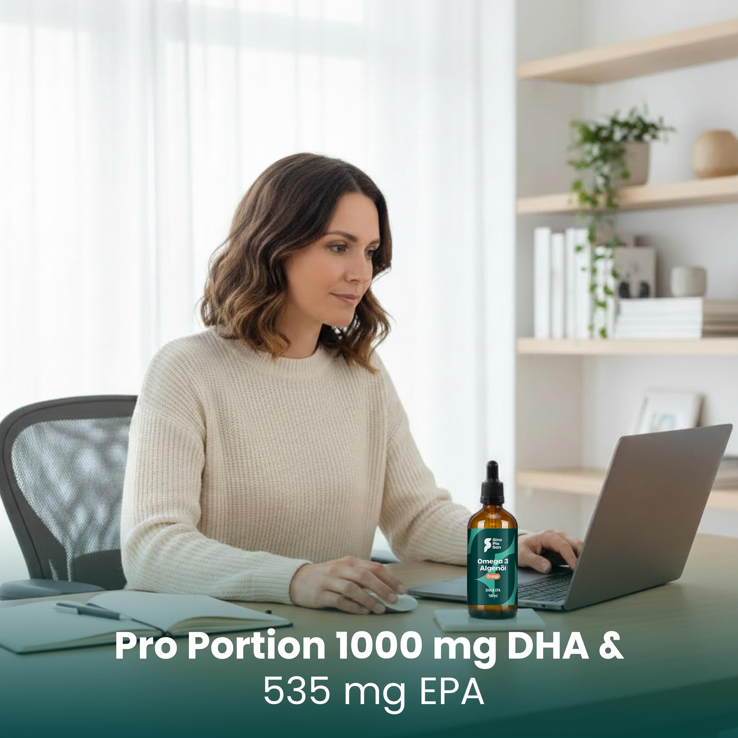 SinoPlaSan Premium Omega 3 Algenöl vegan hochdosiert 100ml mit Orangennote | Mit 1000mg DHA und 535 EPA für Herz, Gehirn und Sehkraft - Made in Germany