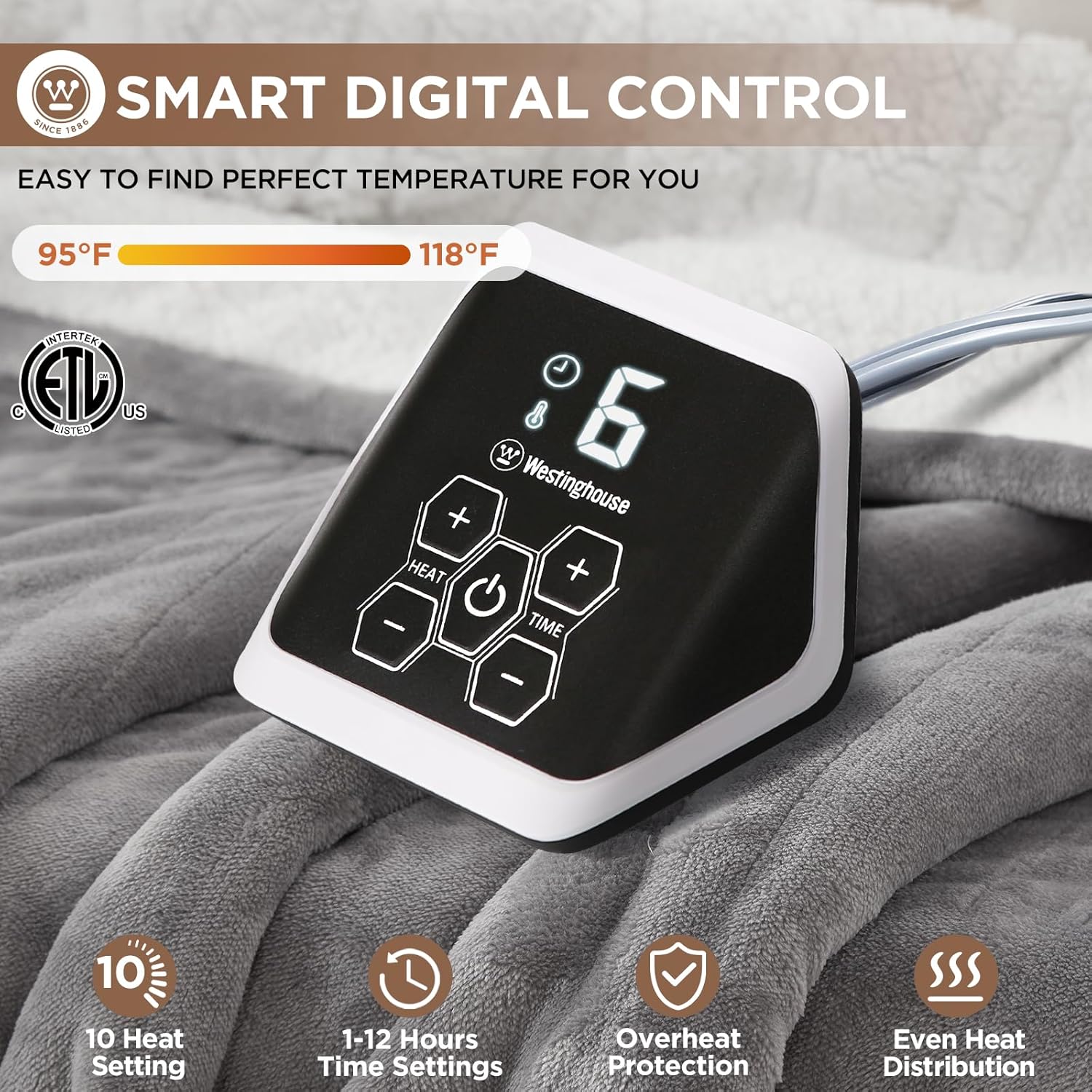 Westinghouse Heated Blanket Full Size, Soft Flannel to Sherpa Electric Blanket with 10 Heating Levels, 12 Hours Auto Off, Fast Heating Warming Blanket, Machine Washable, 72x84 Inch, Light Grey - Image 5