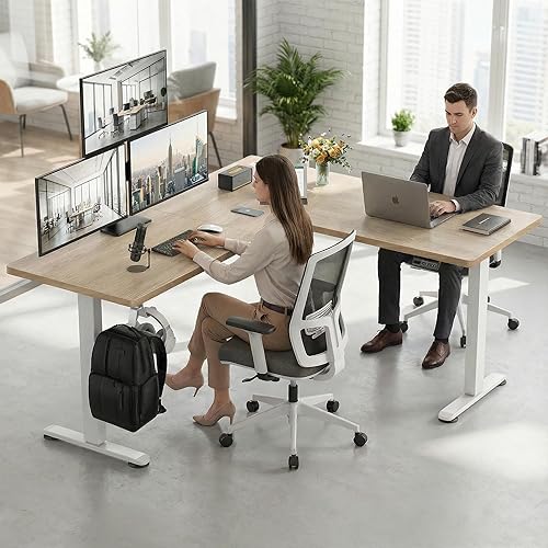 Miniatura 2 de farexon Escritorio de pie en forma de L de 63 x 55 pulgadas, escritorio eléctrico de altura ajustable, escritorio de pie para sentarse en esquina