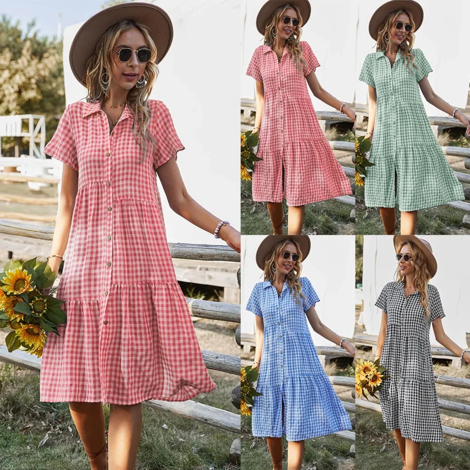 Vestido Camisero Midi A-Line Mujer Manga Corta Estampado Vichy