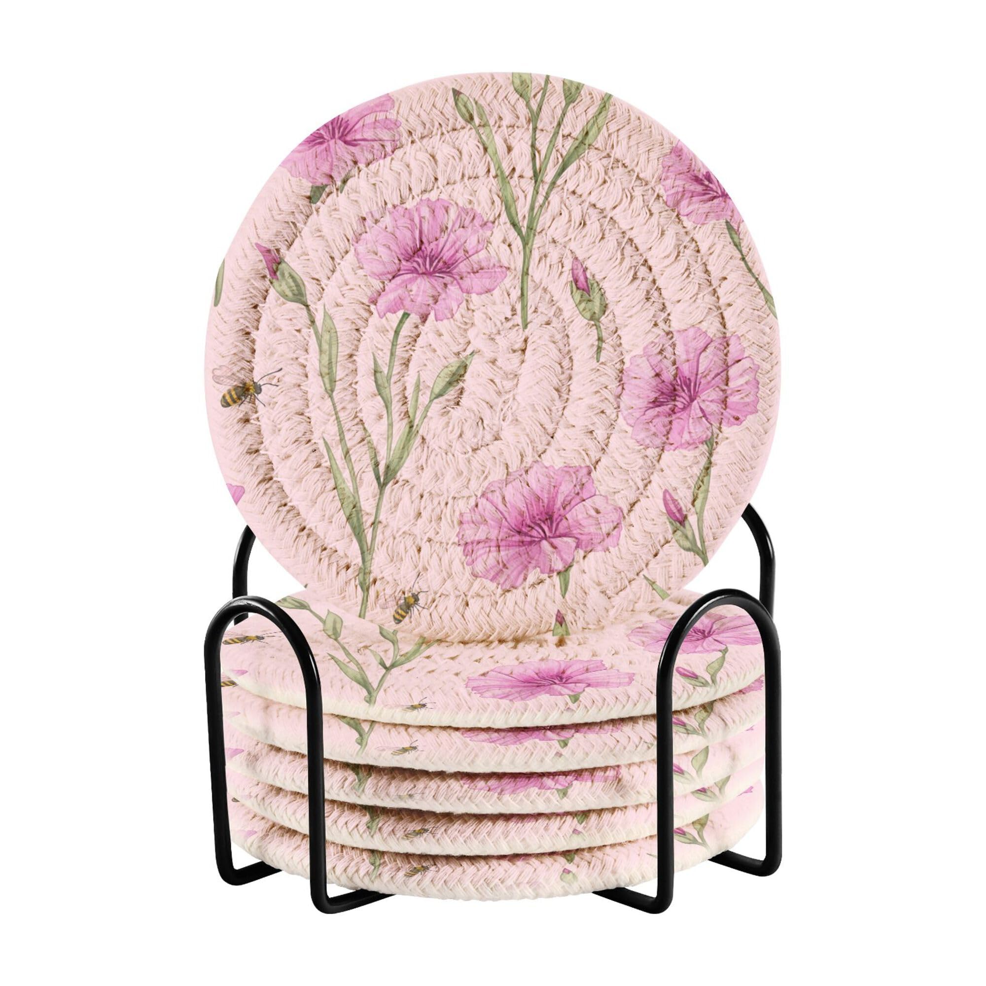 Cartoon Dianthus Peach Cotton Rope Absorbant Coasters Set with Holder 6 Pack Absorbant Coasters