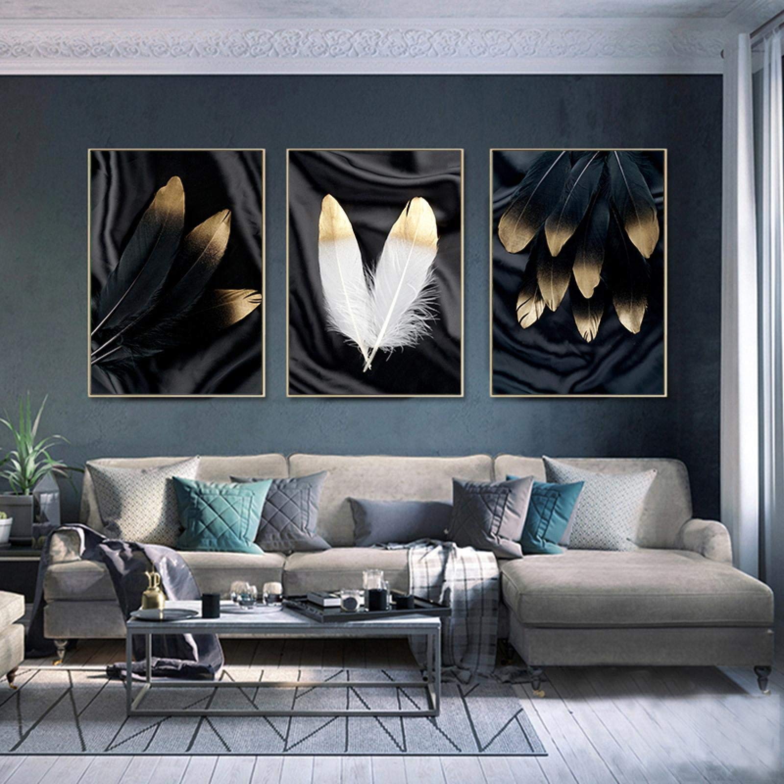 oro Su Tela Pittura Piuma Colorata Poster Stampe Minimalista