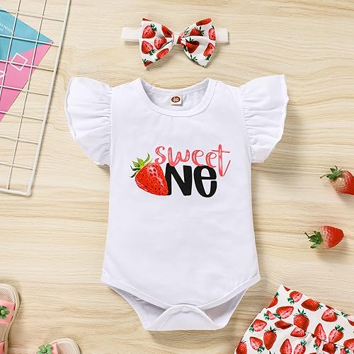 Miniatura 8 de Conjunto de ropa para bebé niña de 1er cumpleaños con mangas con volantes pantalones cortos estampados diadema con diseño de pastel