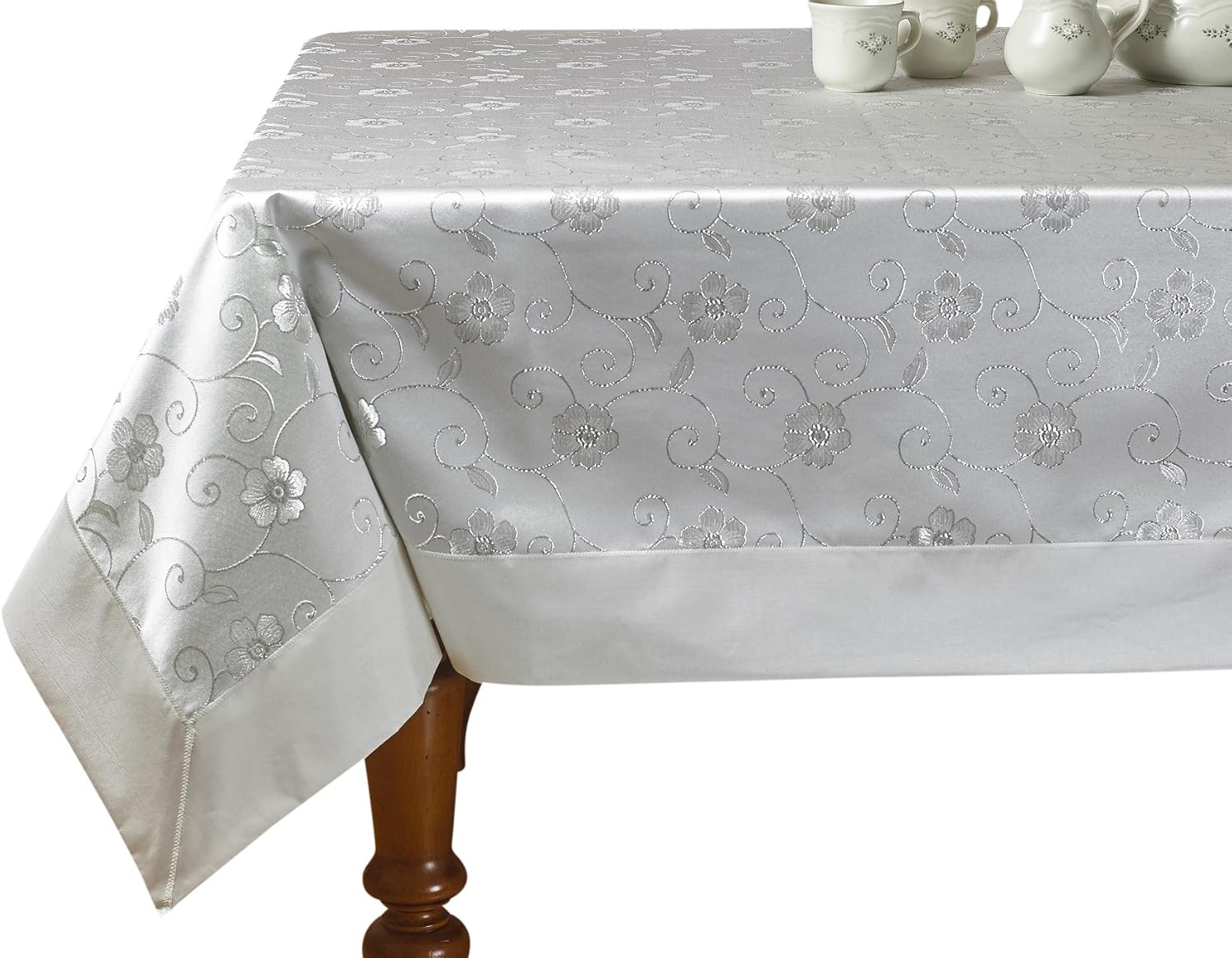 Violet Linen Elegant Embroidered Flower Design Tablecloths - 70" x 105" - in White