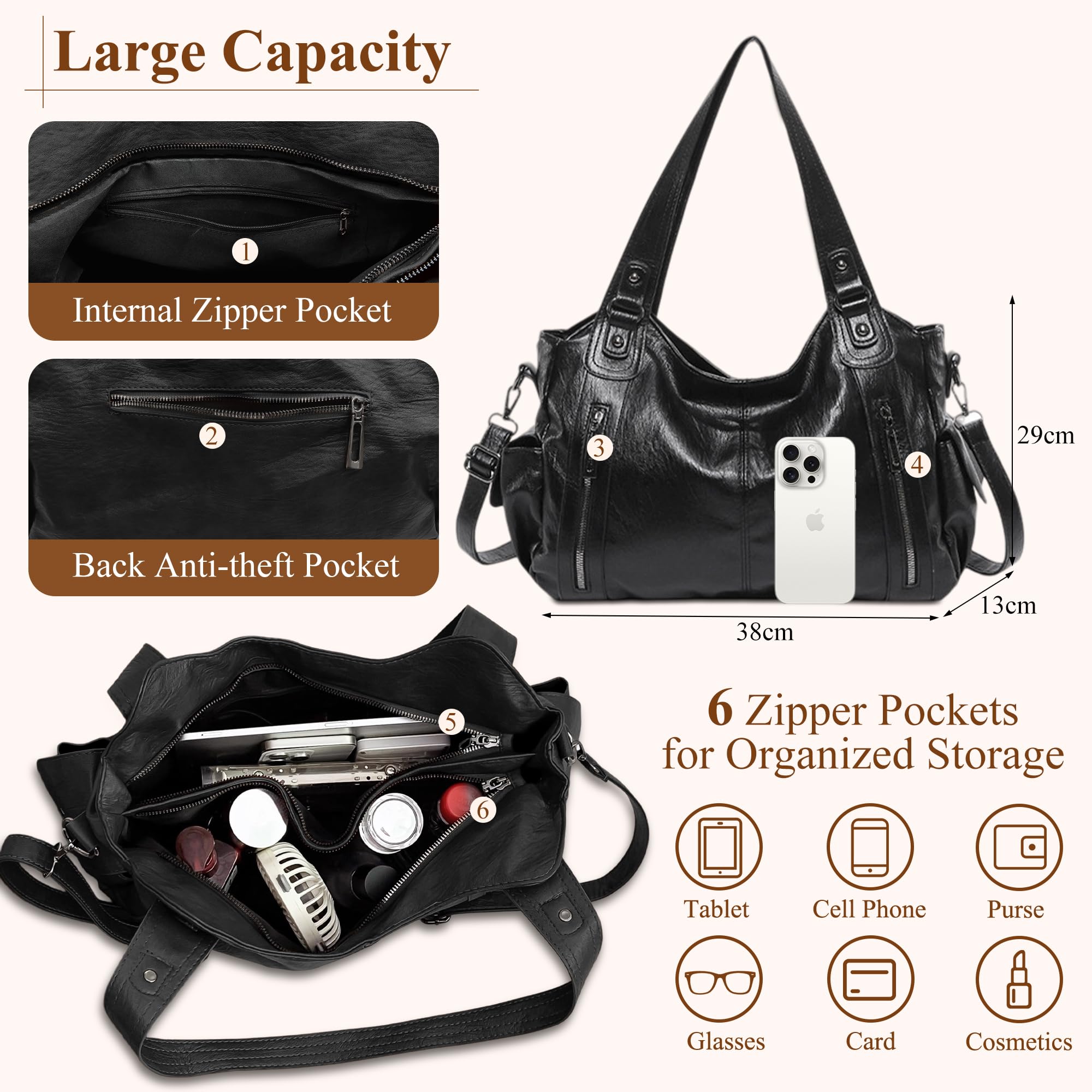 Mabecol Borsa Shopper Donna PU Grande Capacità Elegante Vintage Tote Rigida a Mano e a Spalla con Tracolla Regolabile per Lavoro Ufficio Università Quotidiana