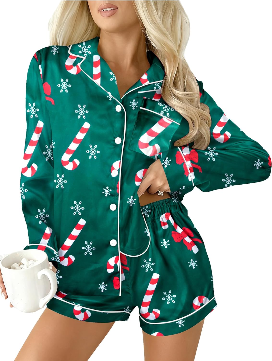 MYHALF Christmas Santa Pajama Set Women Christmas Pajamas Xmas Long Sleeve Sleepwear 2 Piece Button Down Pjs Lounge Set