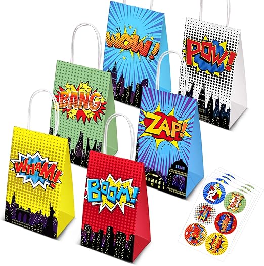 Superhero Party Supplies Favors, 24PC Superhero Party Bags For Superhero Theme Birthday Party Decorations with 24 Superhero Stickers