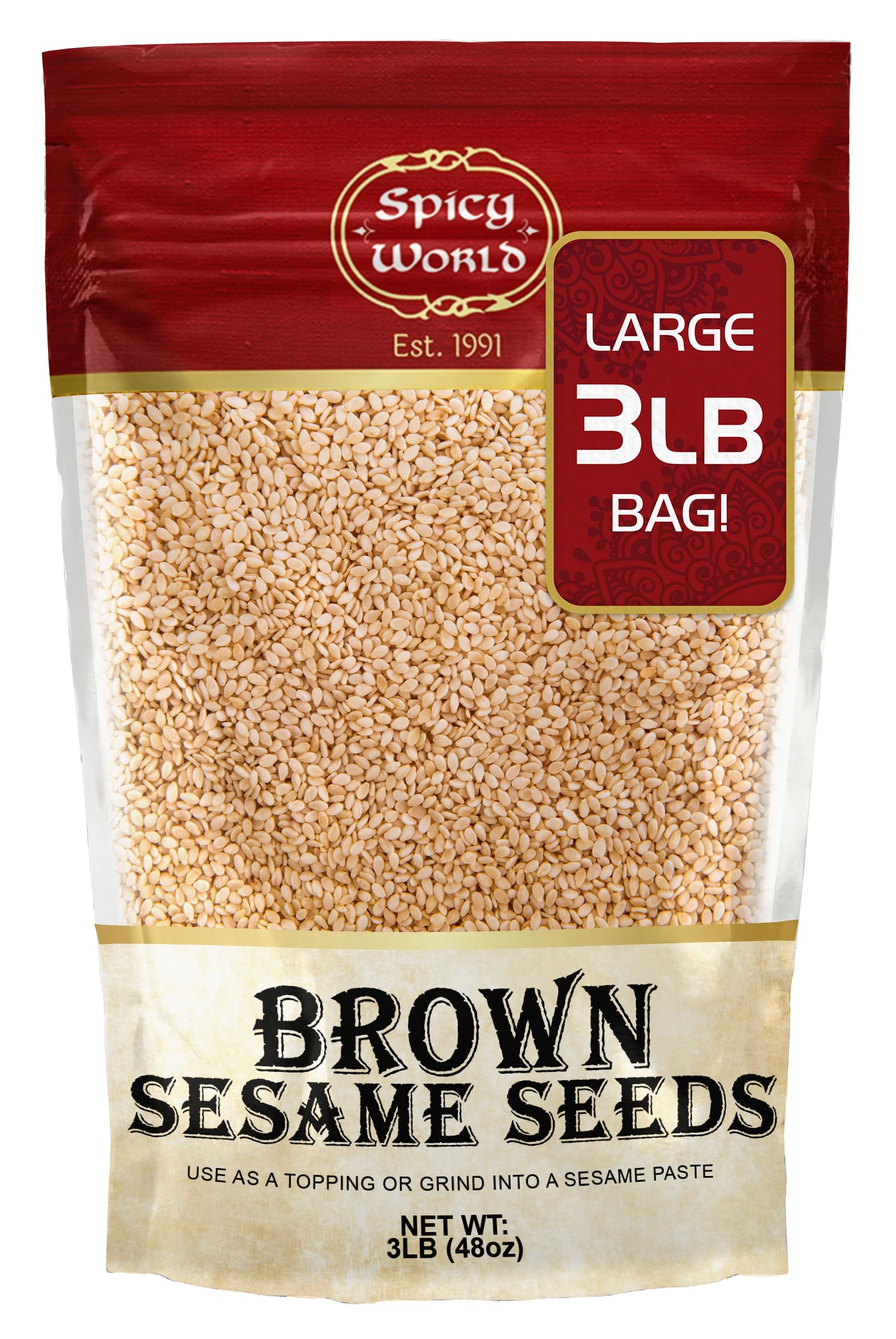 Spicy World Natural Brown Sesame Seeds 3 LB (48oz) - Non-GMO, Vegan, Raw, Unroasted, Unsalted, Plant-Based Protein, Source of Fiber & Iron, Ideal for Topping, Cooking & Baking