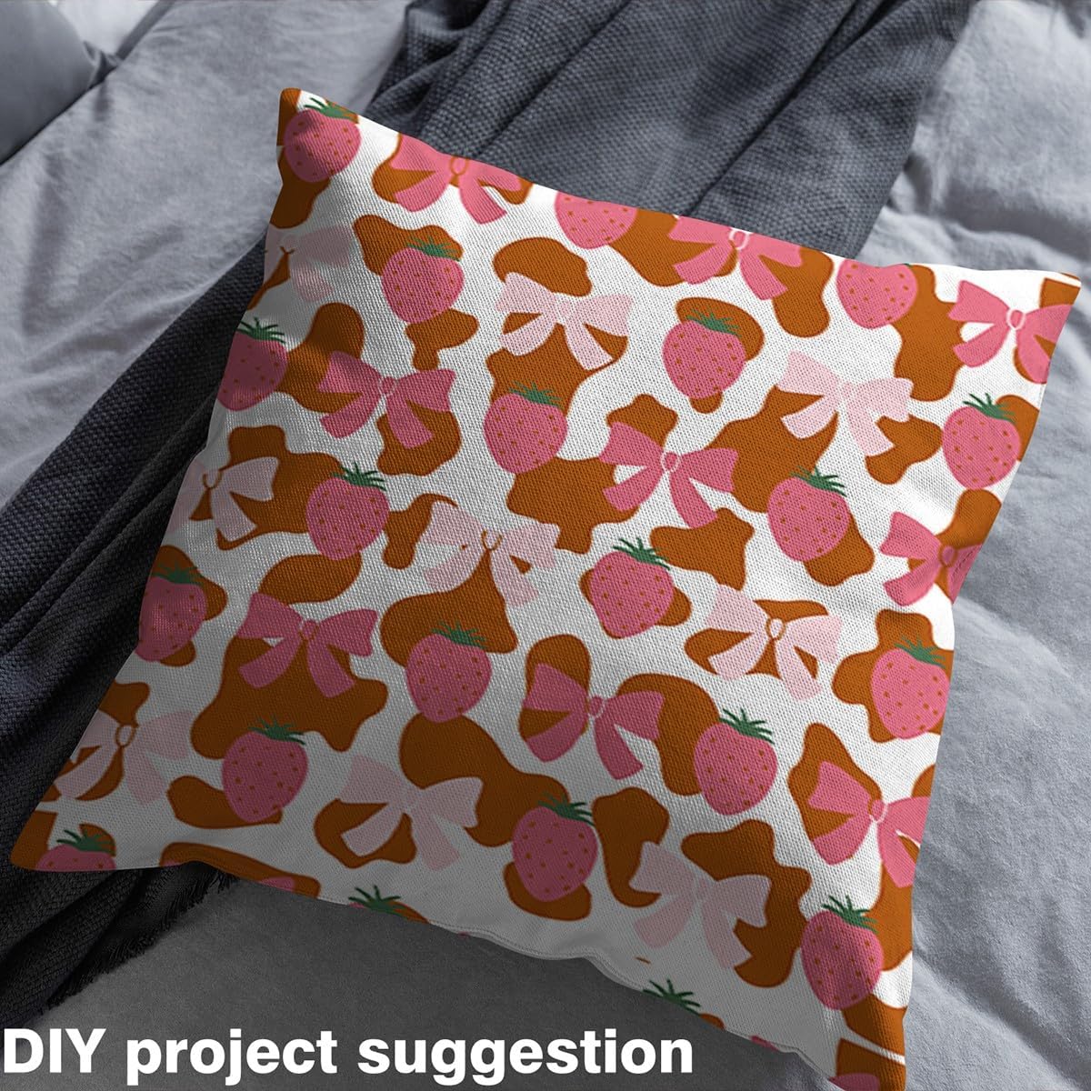 Erosebridal Pink Bowknot Fabric by The Yard,Orange White Milk Cow Print Upholstery Fabric for Chairs Sofa for Kids Girls Teen,Kawaii Strawberry DIY Art,Cartoon Coquette Ribbon Bow for Sewing,10 Yards