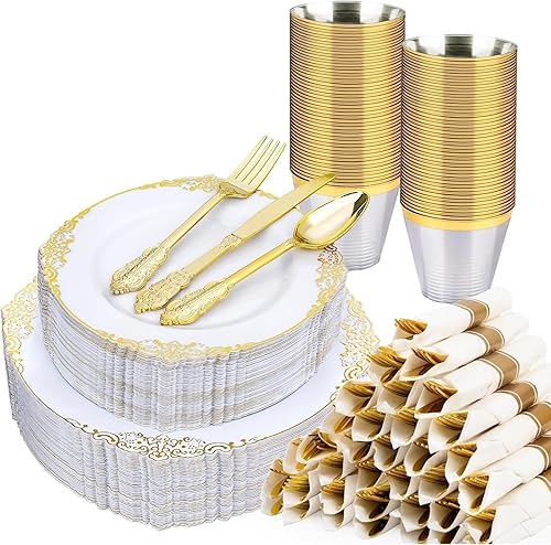 350 piezas platos de plástico blanco y dorado, juego de vajilla de plástico para 50 invitados, 100 platos desechables, 150 cubiertos, 50 tazas, 50