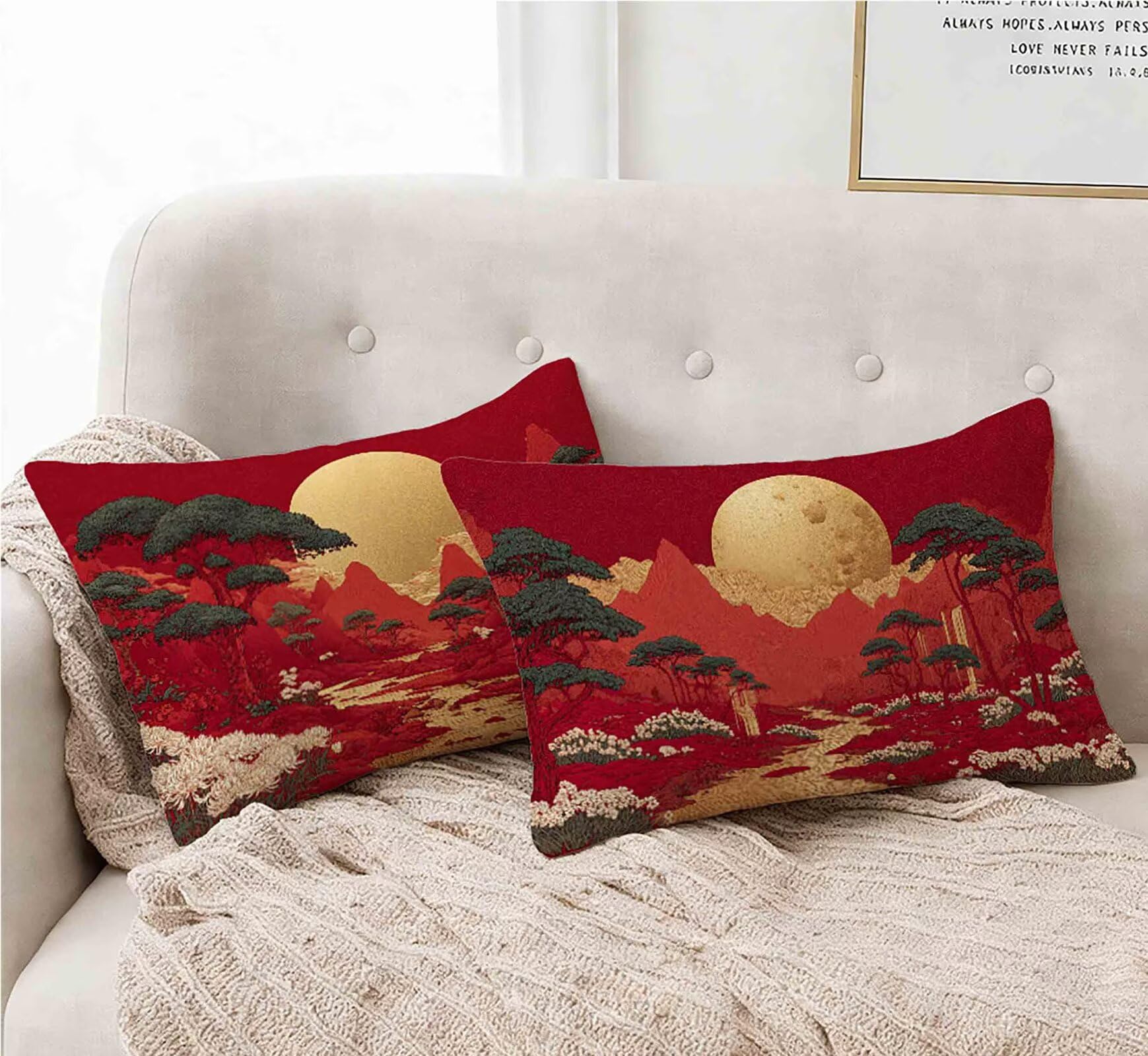 Kissenbezug Rot Kissenbezug 50x80 cm 2er Set, Kopfkissen Mond Kopfkissenbezug Wasserdicht Leinen Design Kissenbezüge Herbstdeko mit Verstecktem Reißverschluss für Zimmer Deko Schlafzimmer -lsy250125K