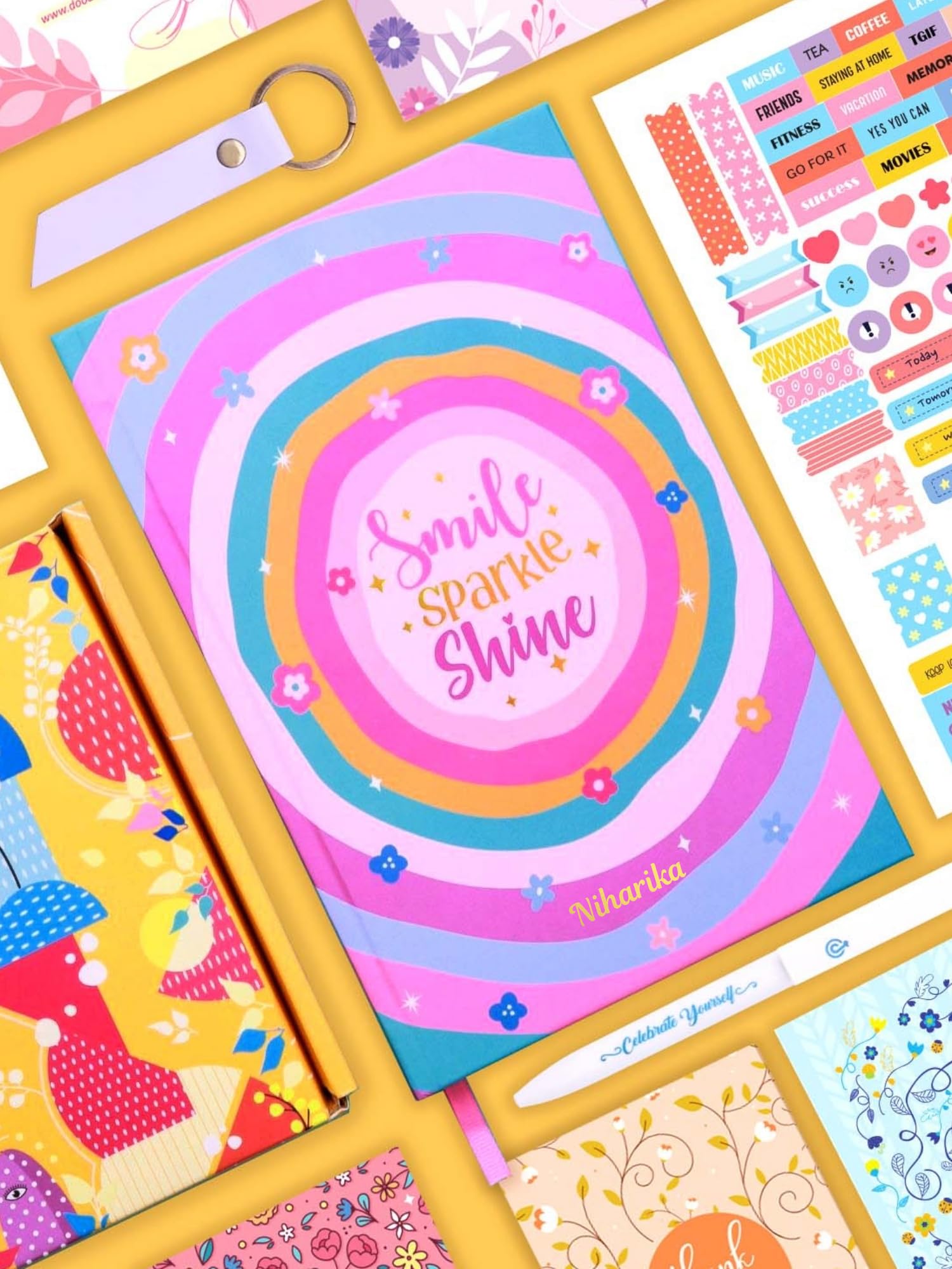 Doodle Personalized 12 Months Hard Bound Undated A5 Planner Gift Set for Women and Girls - Planner + Pen + Keychain + 180+ Stickers + 4 Notecards + 4 Quote Cards Packed in Gift Box (Joyful Sparkle)