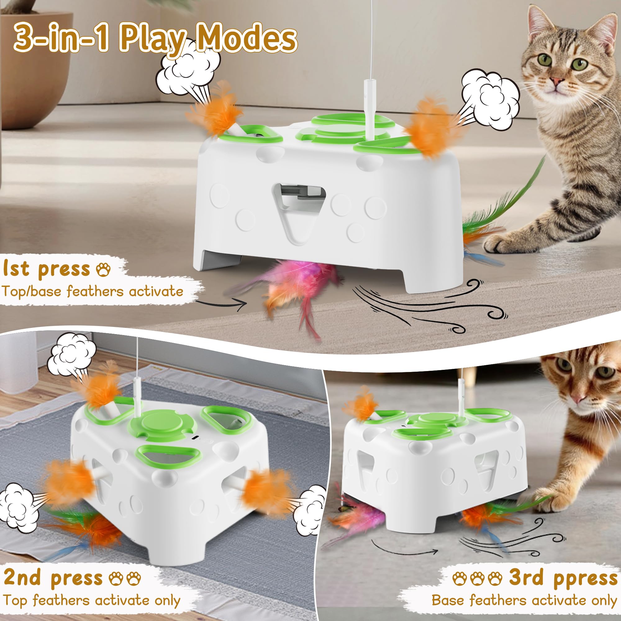 Jouet interactif 3 en 1 pour chat d'intérieur, jouet automatique pour chaton, oiseau volant, taupe à 6 trous, plume rotative, jouet interactif rechargeable USB pour chats d'intérieur ennuyés