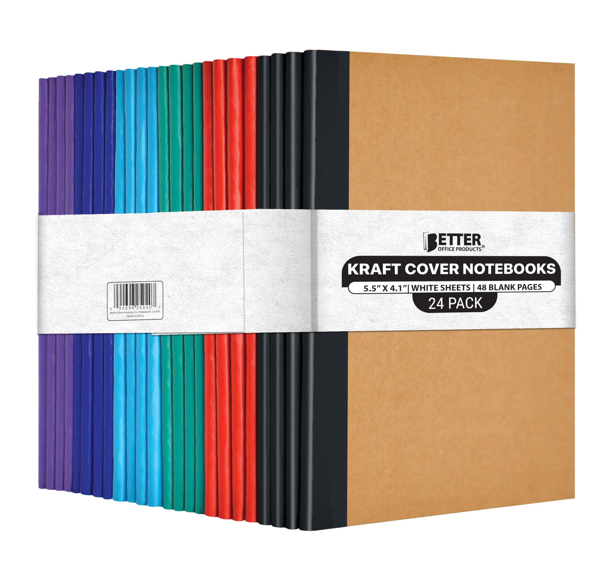Small Kraft Notebooks, 4.1in. X 5.5in. 120gsm, Unlined Blank White Pgs Assorted Color Spines 24pk 25040