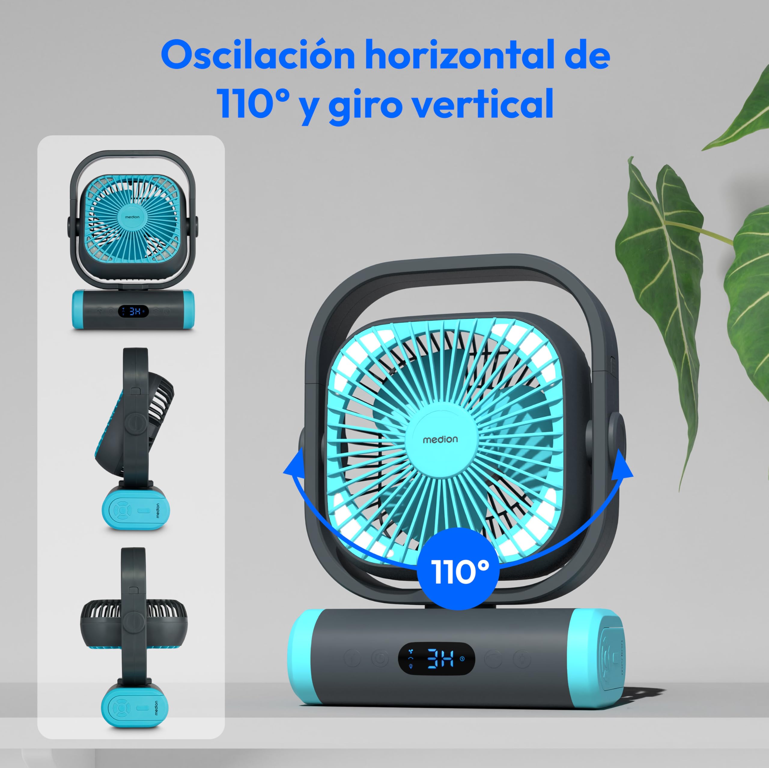 MEDION Ventilador E10 TF (batería, mini ventilador USB pequeño con luz, mando a distancia, 5 niveles, oscilación, gancho para colgar, función powerbank, ideal para oficina camping tienda), verde