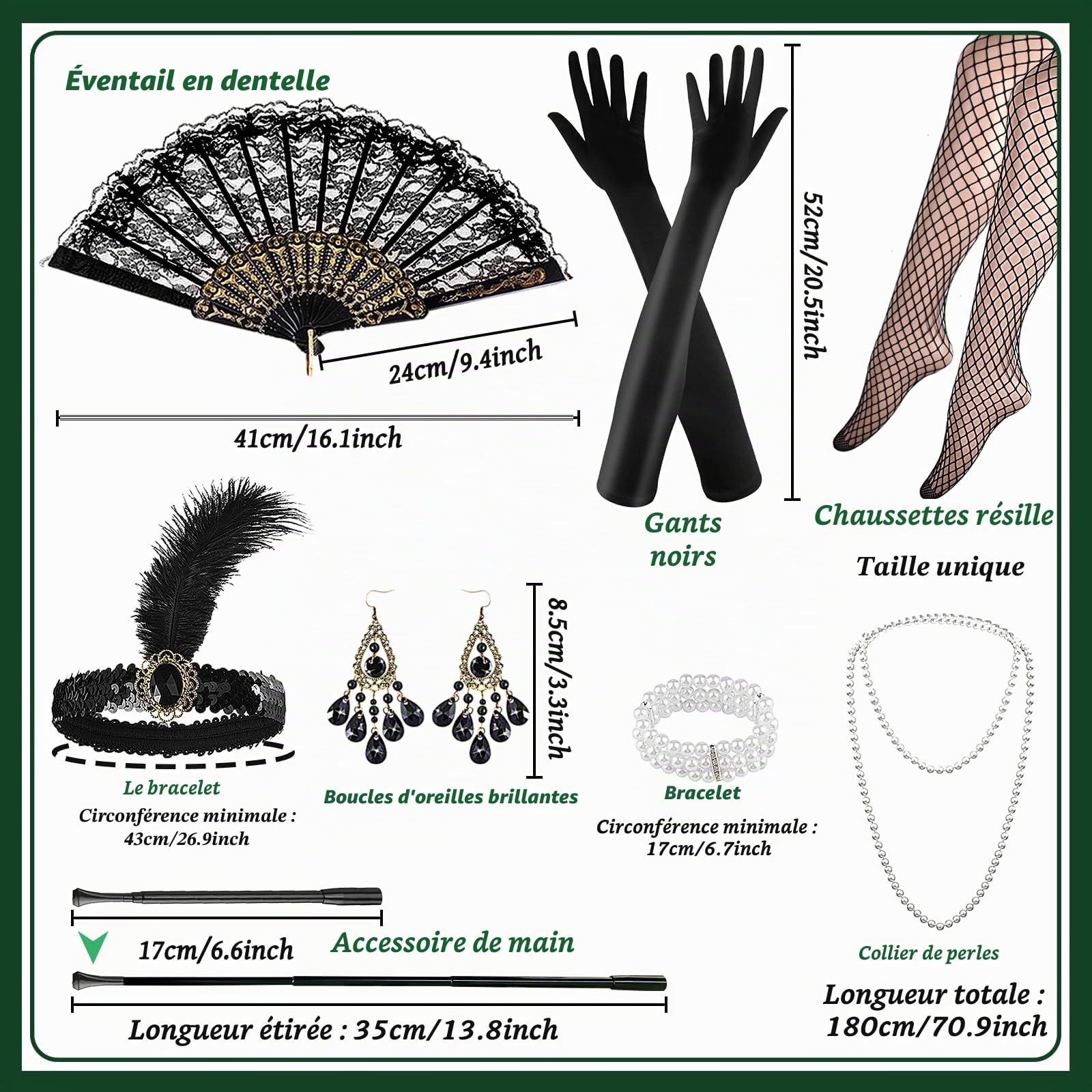 Lot de 9 costumes des années 20 pour femme, robe Charleston à franges, clapette des années 1920, col en V avec accessoires, colliers et boucles d'oreilles, pour robe des années 20