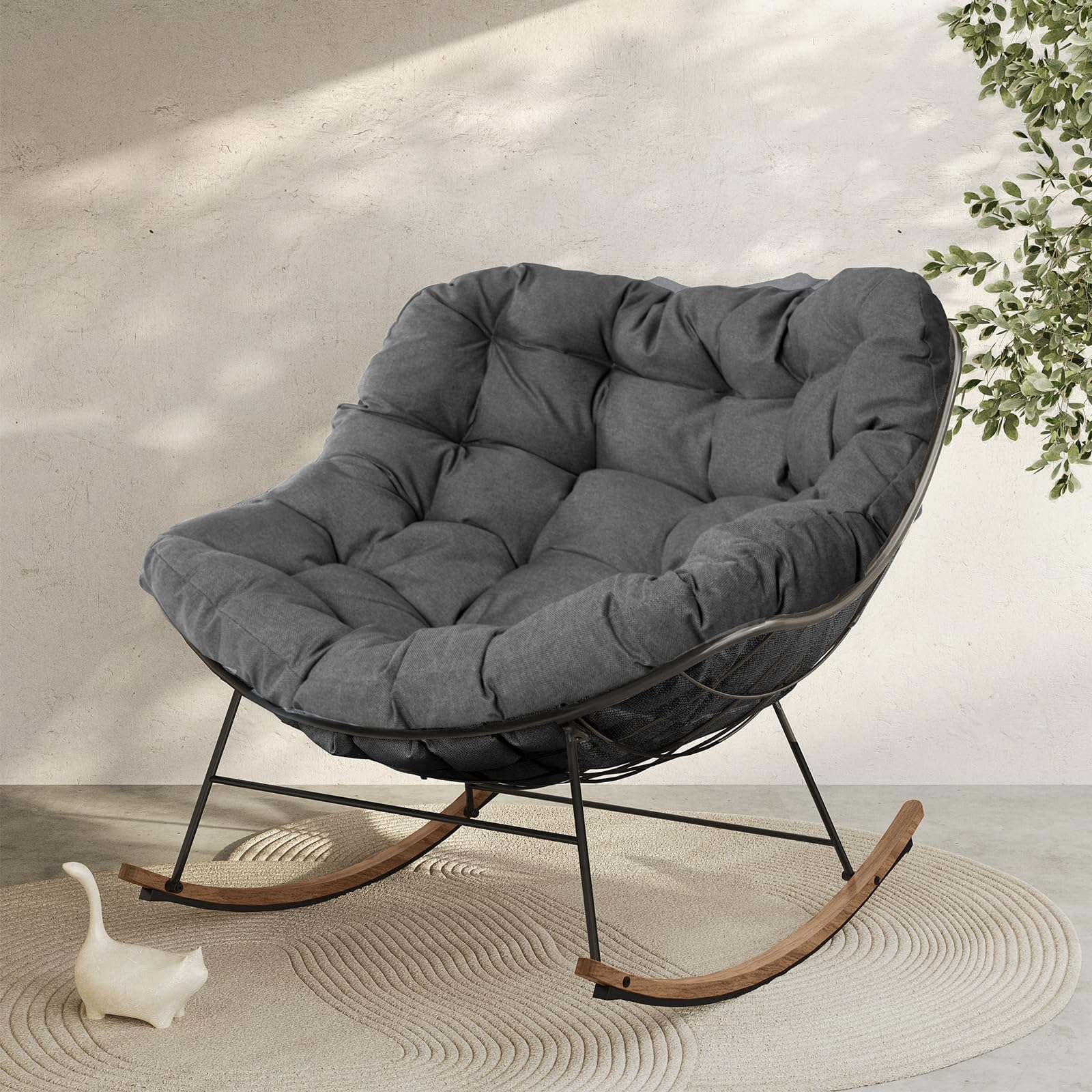Grand patio Fauteuil à bascule de jardin, à bascule, pour salon, relaxation, avec rembourrage, charge maximale : 150 kg, pour jardin, chambre à coucher, salon, coin, véranda, gris clair (Gris foncé)