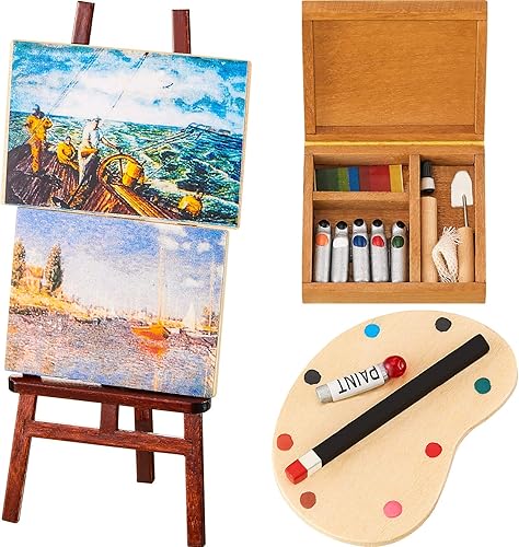 Skylety Juego de accesorios de pintura de casa de muñecas de 3 piezas, caballete de madera, paleta en miniatura, caja de acuarela para muñecas