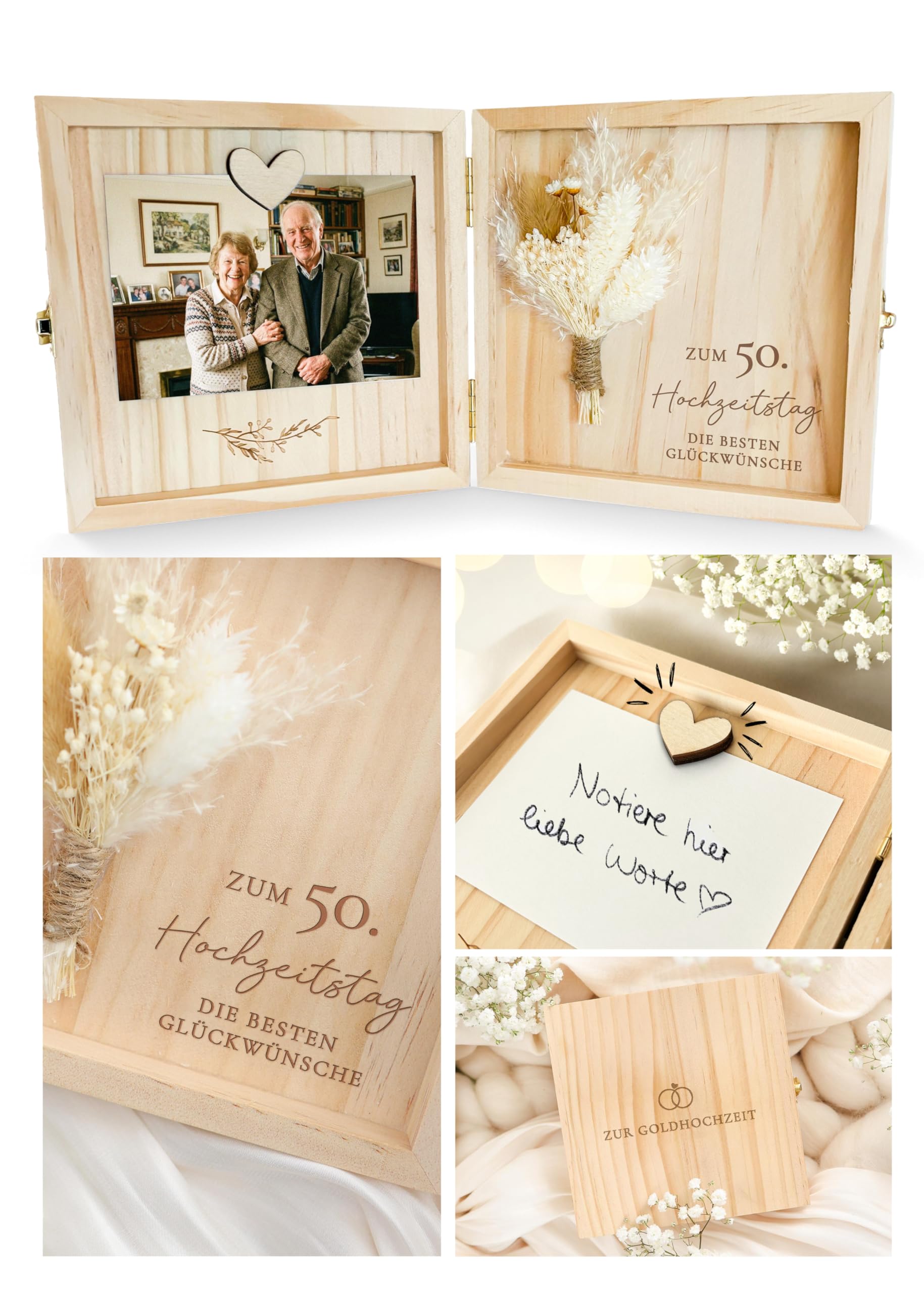Joli Coon Goldene Hochzeit Geschenk - Zum 50. Hochzeitstag die besten Glückwünsche - Hochwertige Geschenk goldene Hochzeit Holzbox 14 x 14 x 3 cm