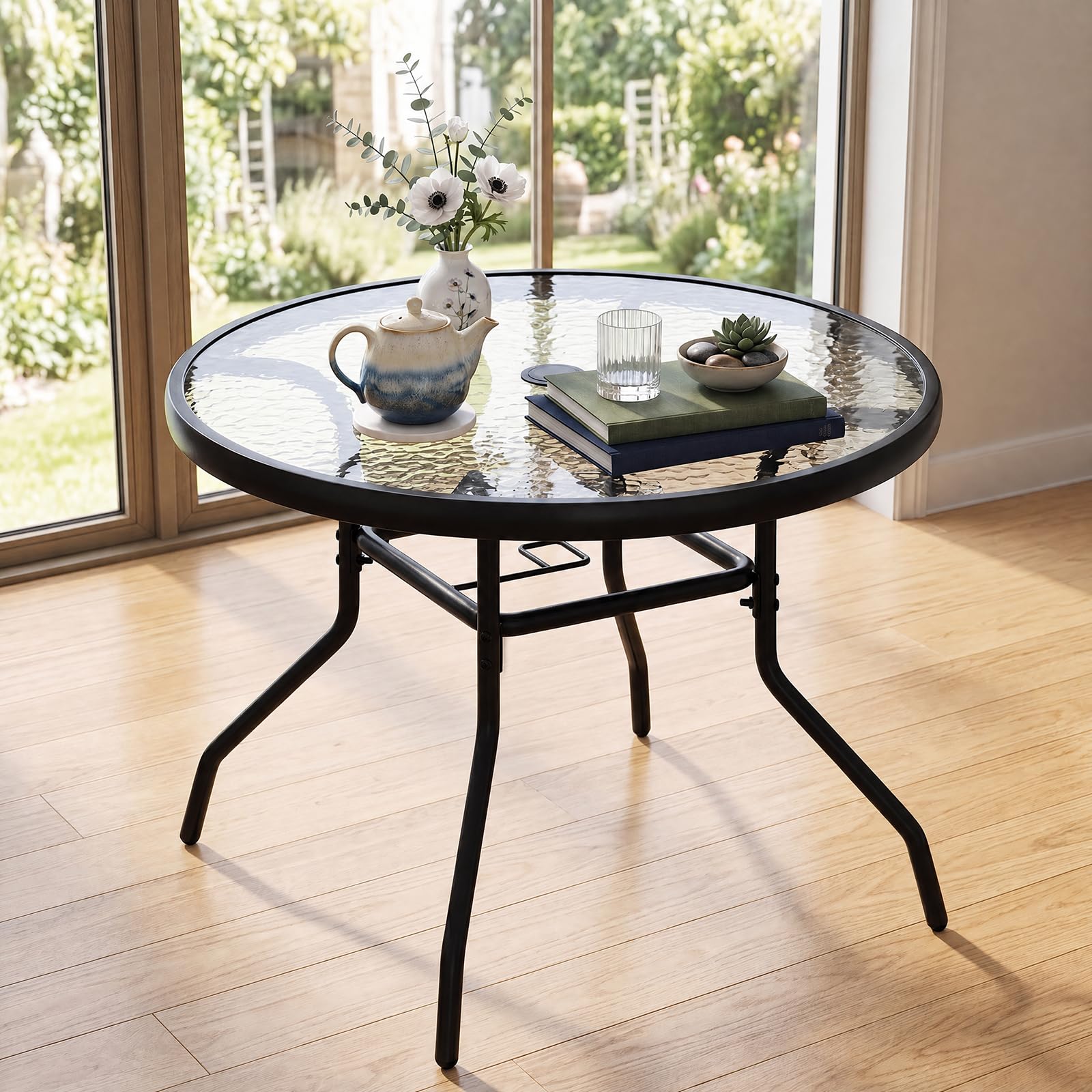 KOMFOTTEU Tavolino da Esterno in Vetro Antiscivolo con Foro Ombrellone | Tavolino Rotondo da Caffè con Struttura in Metallo, per Balcone e Piscina, 70 x 70 x 45,5 cm