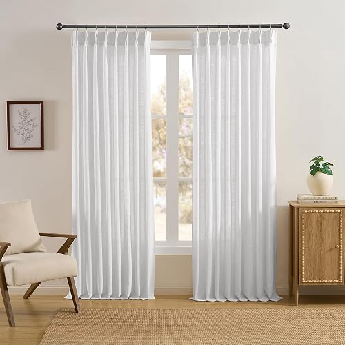 RAIN CITY White Pleated Semi Sheer Drapes 50 x 105 Inch Length, Memory Shape Lin