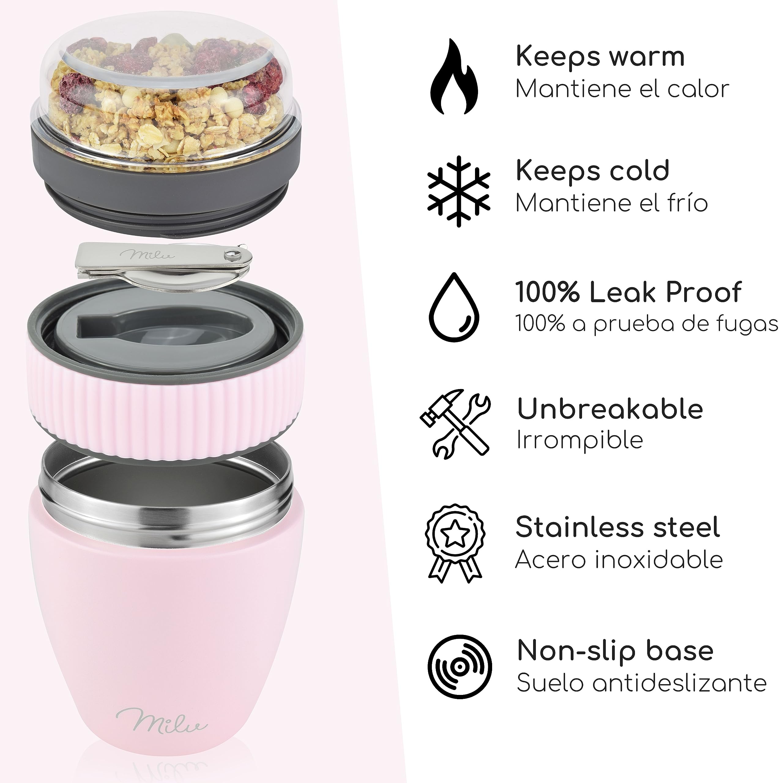 Milu Taza para muesli to go 400ml acero inoxidable I Vaso con 2 Partes para sopas ensaladas Pasta Yogur postres - aso de yogur a prueba de derrames con cuchara (Rosa)