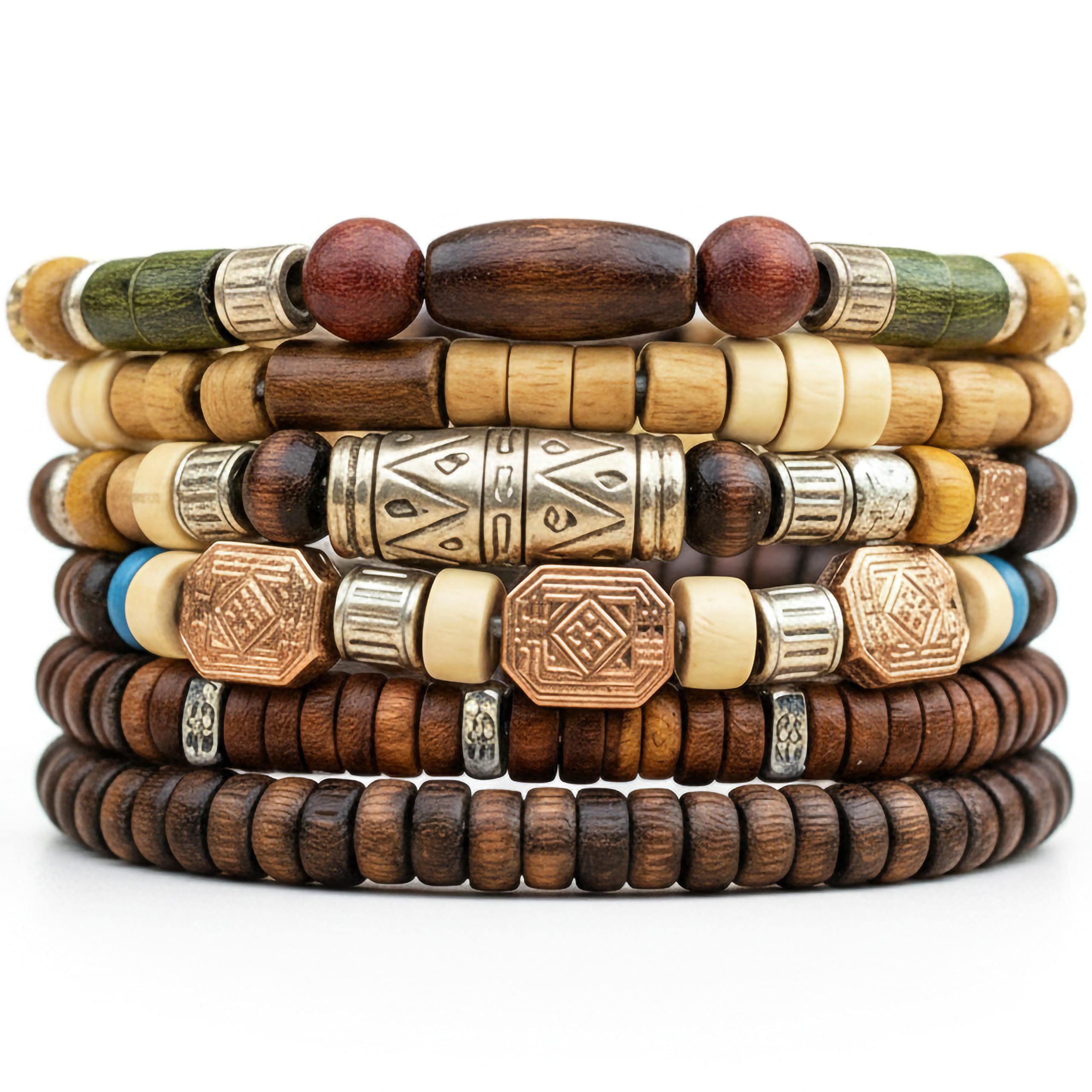 Wooden Boho Bracelet Set for Men | Bohemian Style Wood Beads Bracelet | Stretchable Comfortable Elastic Band