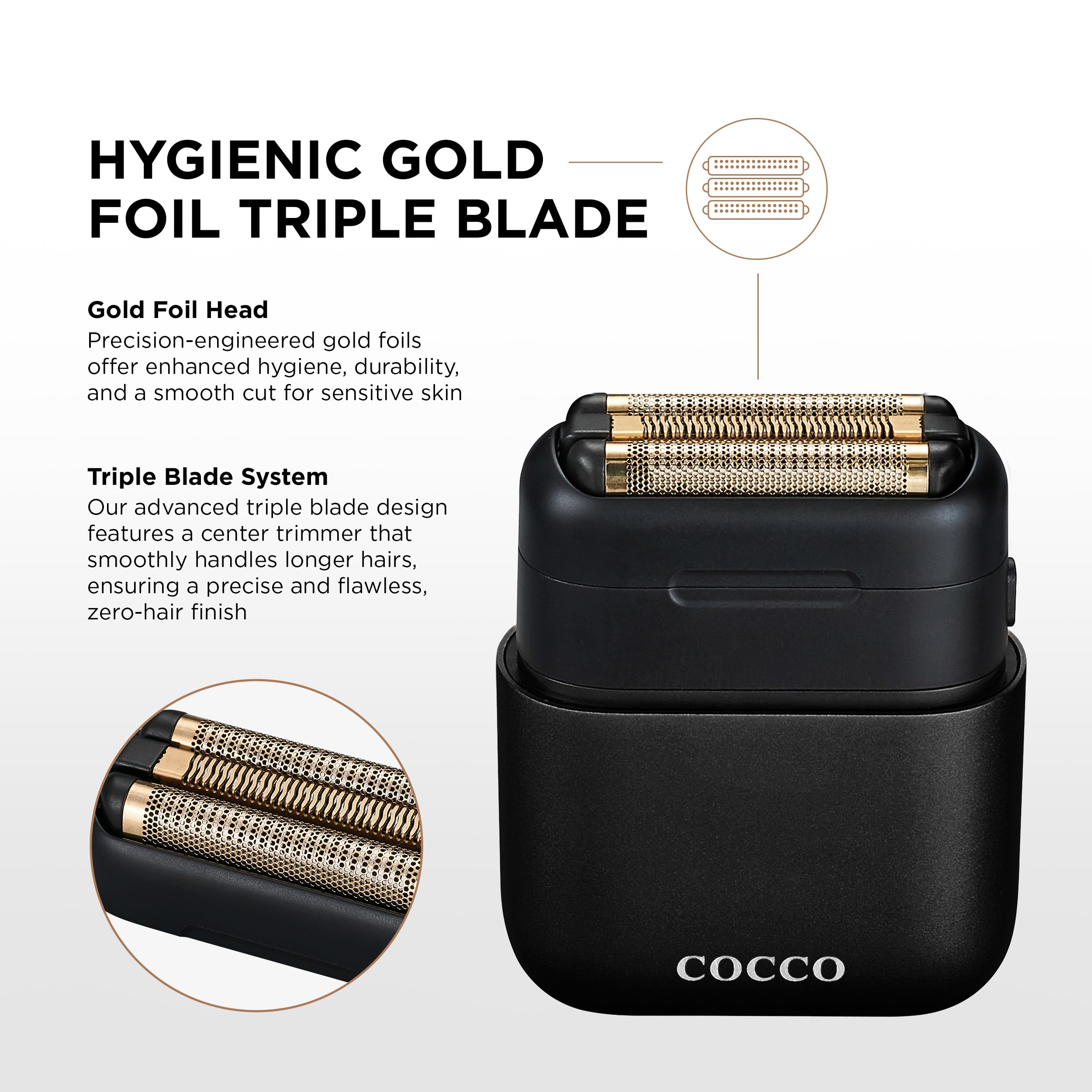 COCCO IMPACTO Shaver, Hygienic Gold Foil Triple Blade, Black, Wet & Dry Use, Magnetic Replaceable Head, Intelligent Accelerator, 90 Min Run Time