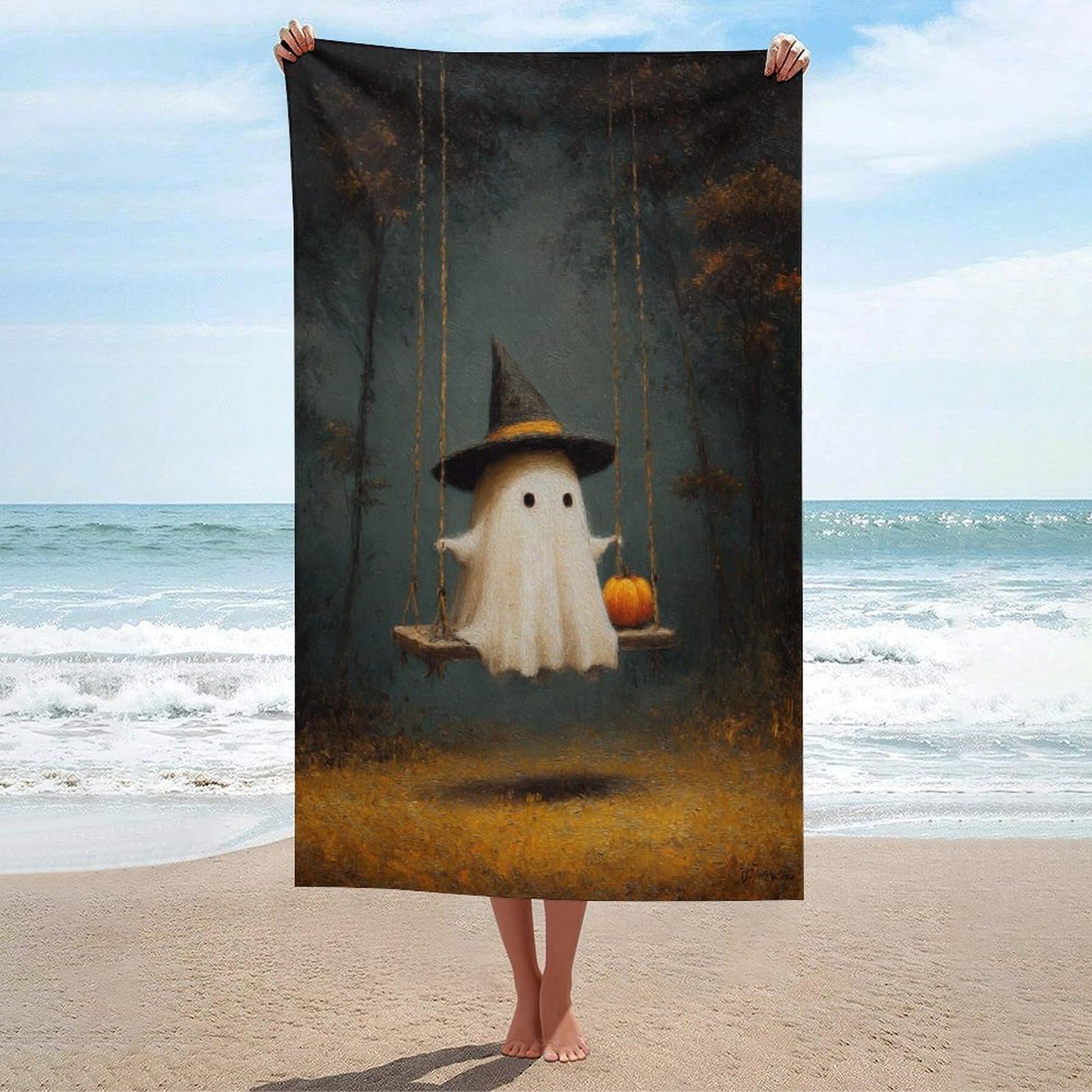 LSRCPD Cute Ghost Witch Hat on Swing Beach Towel Sand Free Microfiber Large Shower Towels Multipurpose Absorbent for Bathroom Pool 130x80 CM