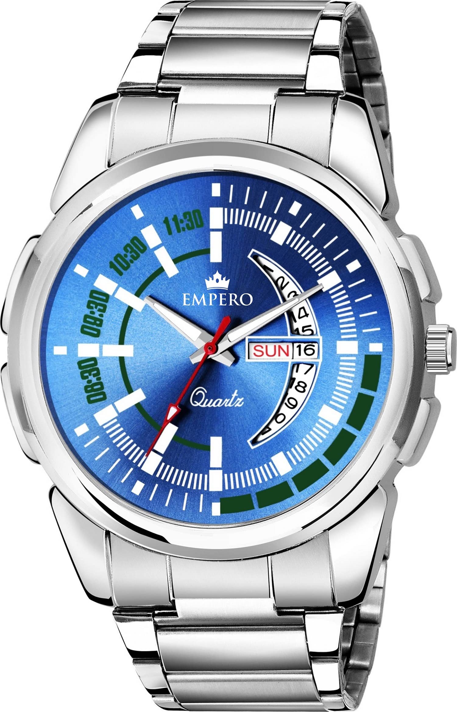 EMPERO-06 Silver Stainless Steel Day and Date Analog Mens Watch (Blue1) (B0C1NVNBVY) Amazon Price History, Amazon Price Tracker