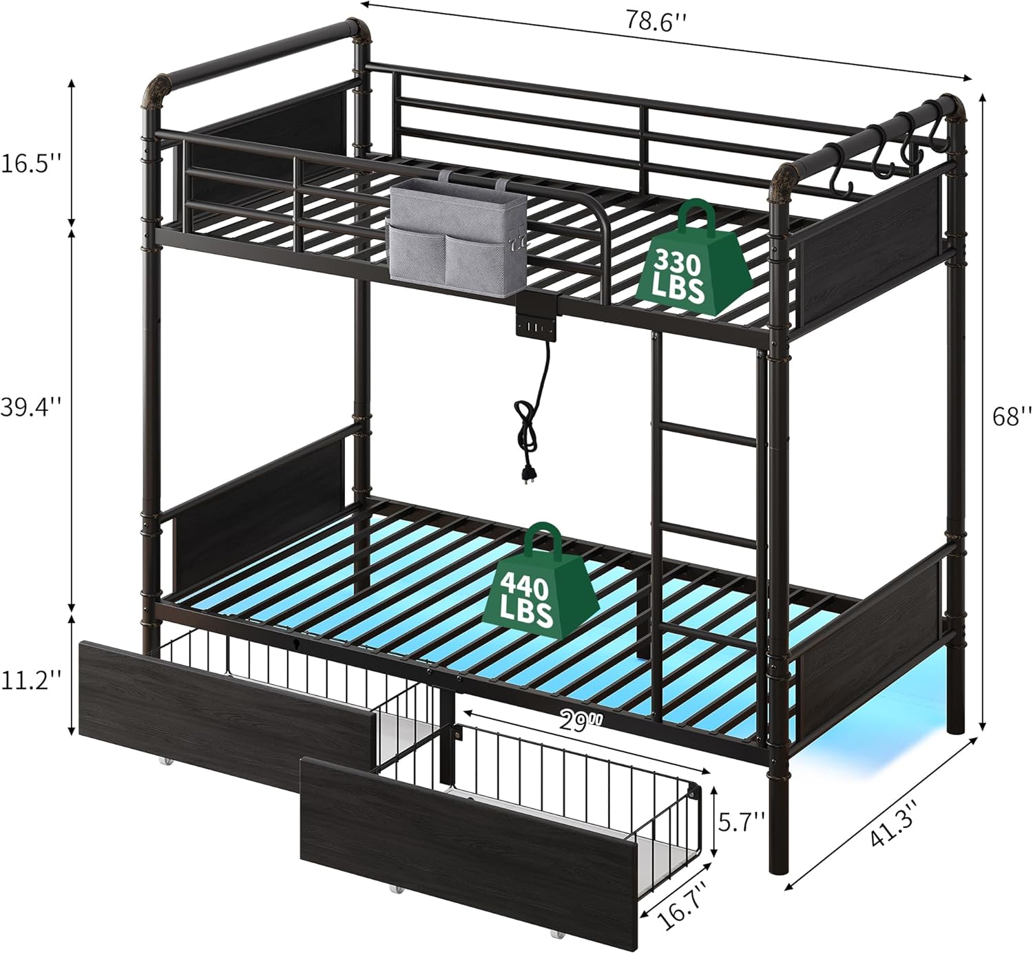 Diagram showing bunk bed dimensions and components