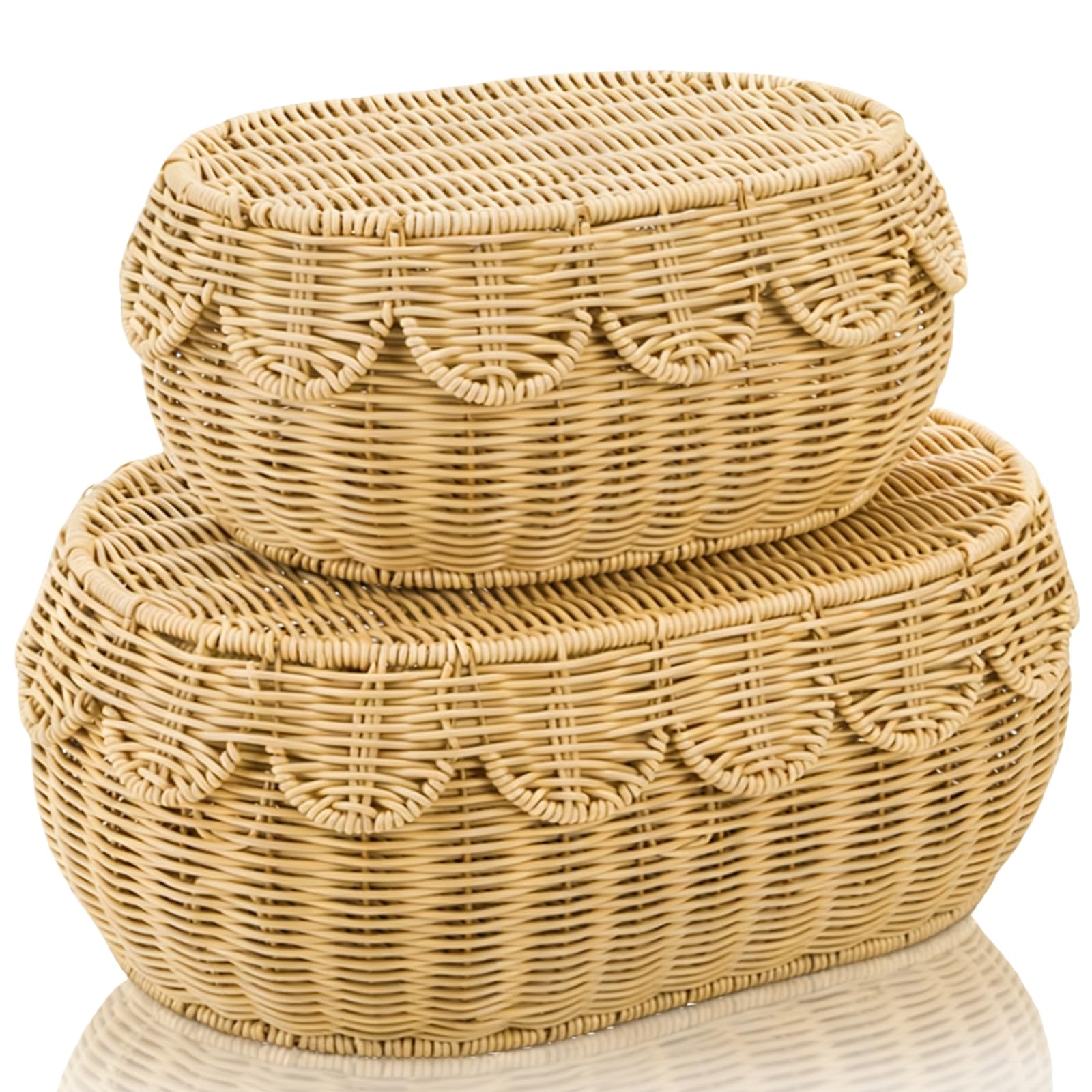 Tebery Set of 2 Wicker Storage Baskets with Lid, Decorative Rattan Basket Boxes for Shelf, Scalloped Edge Woven Storage Bin Organizer for Home Decoration, Display