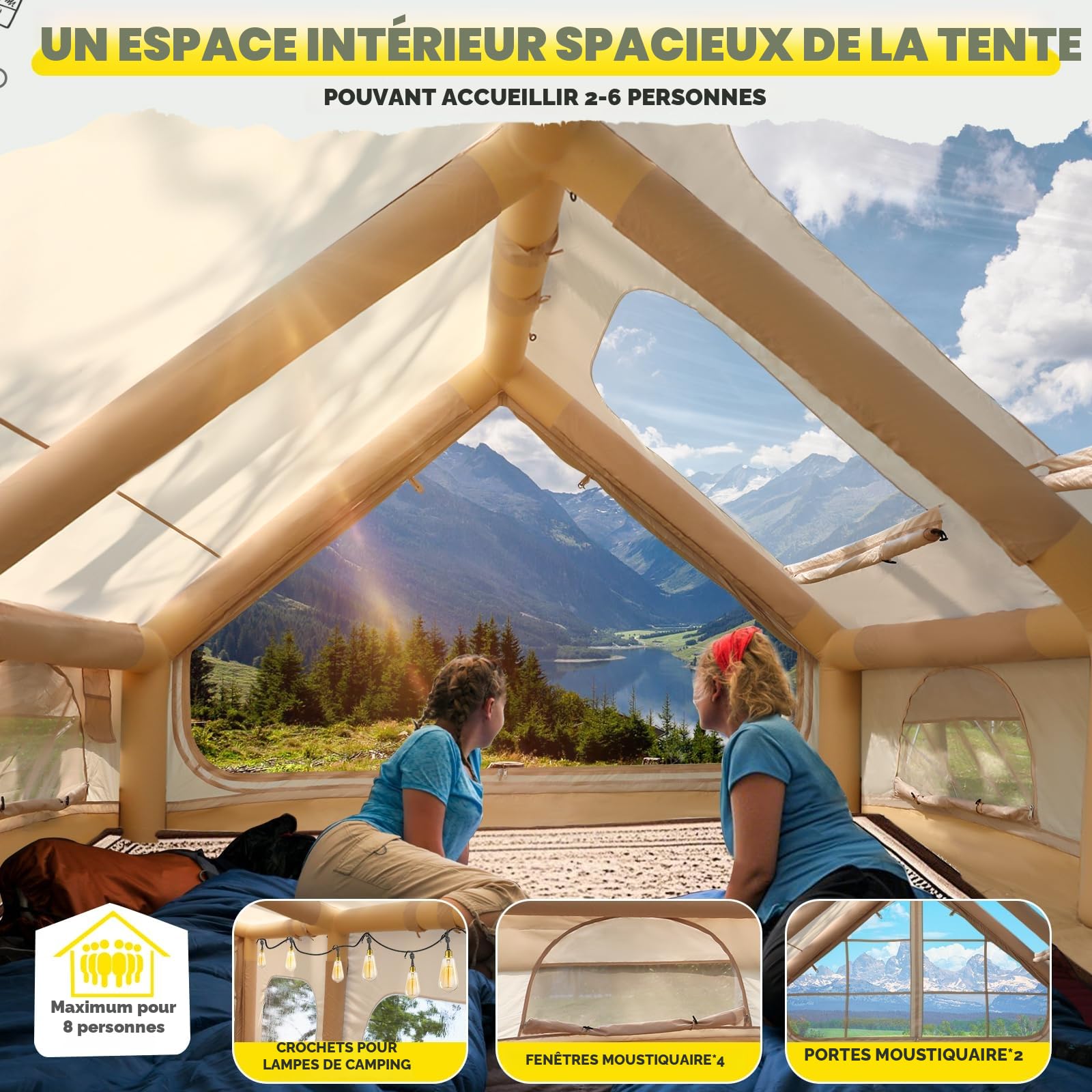 Tente gonflable avec cheminée et fenêtre de toit, tissu Oxford imperméable adapté aux 4 saisons, tente d'extérieur pour 2 à 10 personnes, avec pompe à air, montage rapide