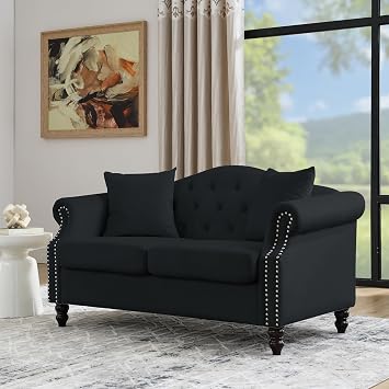 57" Chesterfield Sofa Black Velvet for Living Room, 2 Seater Sofa Tufted Couch with Rolled Arms and Nailhead for Living Room, Bedroom, Office, Apartment, Two Pillows