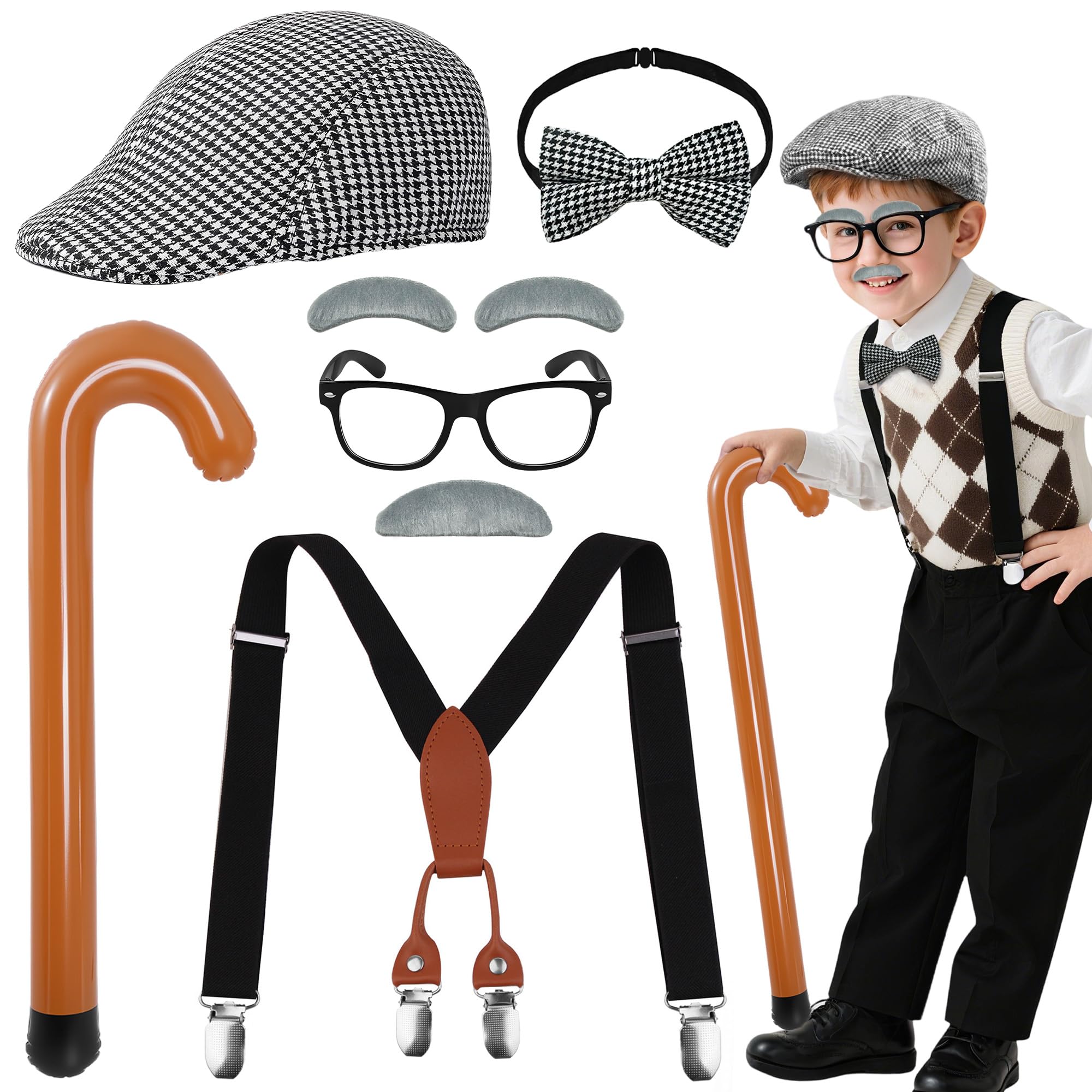 8 Pcs Old Man Costume Set for Kids, Grandpa Fancy Dress Set Old Person Costume Accessories with Beret Inflatable Cane Suspender Tie Glasses Fake Beard Eyebrows for Halloween Party Cosplay Dress Up