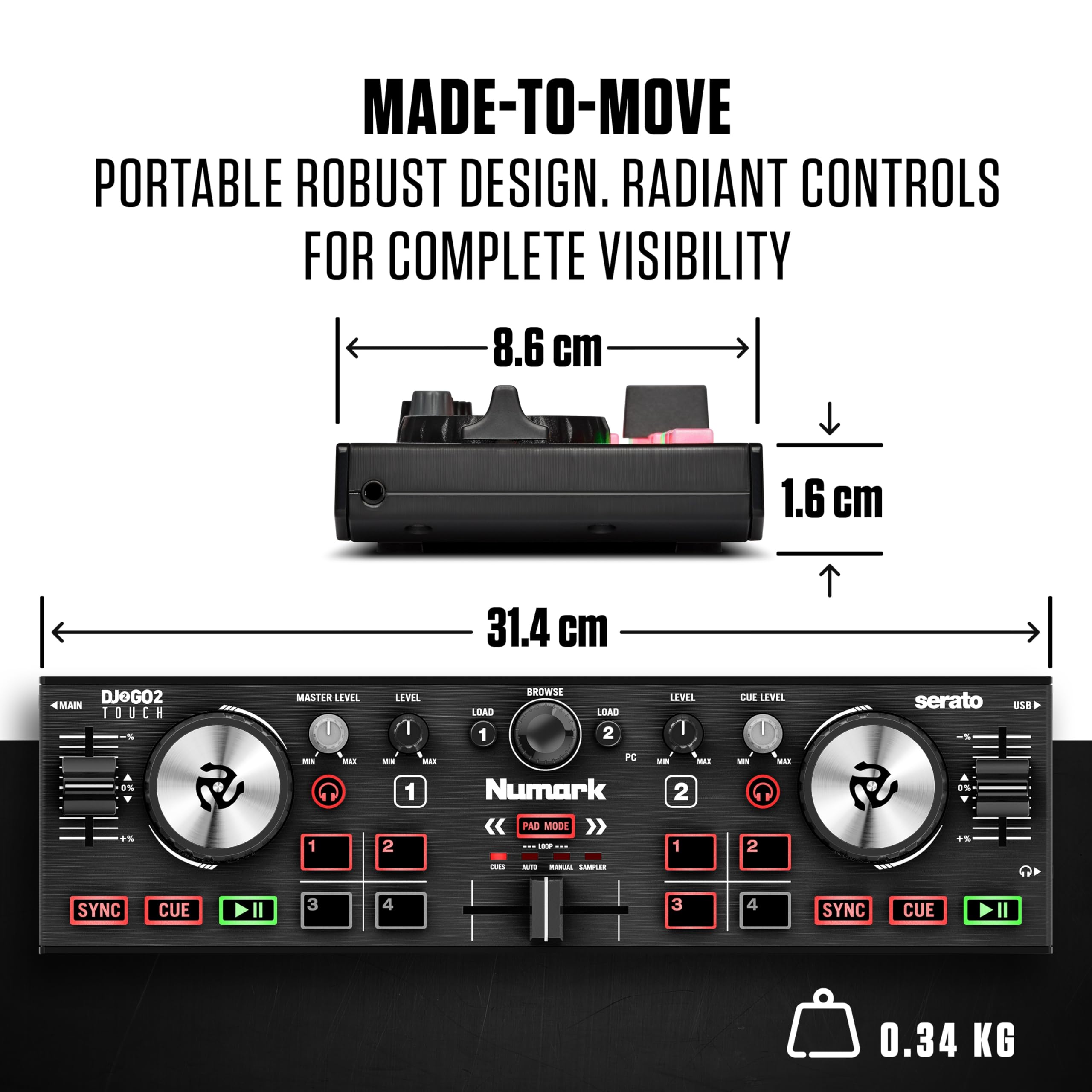 Controlador Numark DJ2GO2 Touch, preto | Portátil, 2 deck, DJ