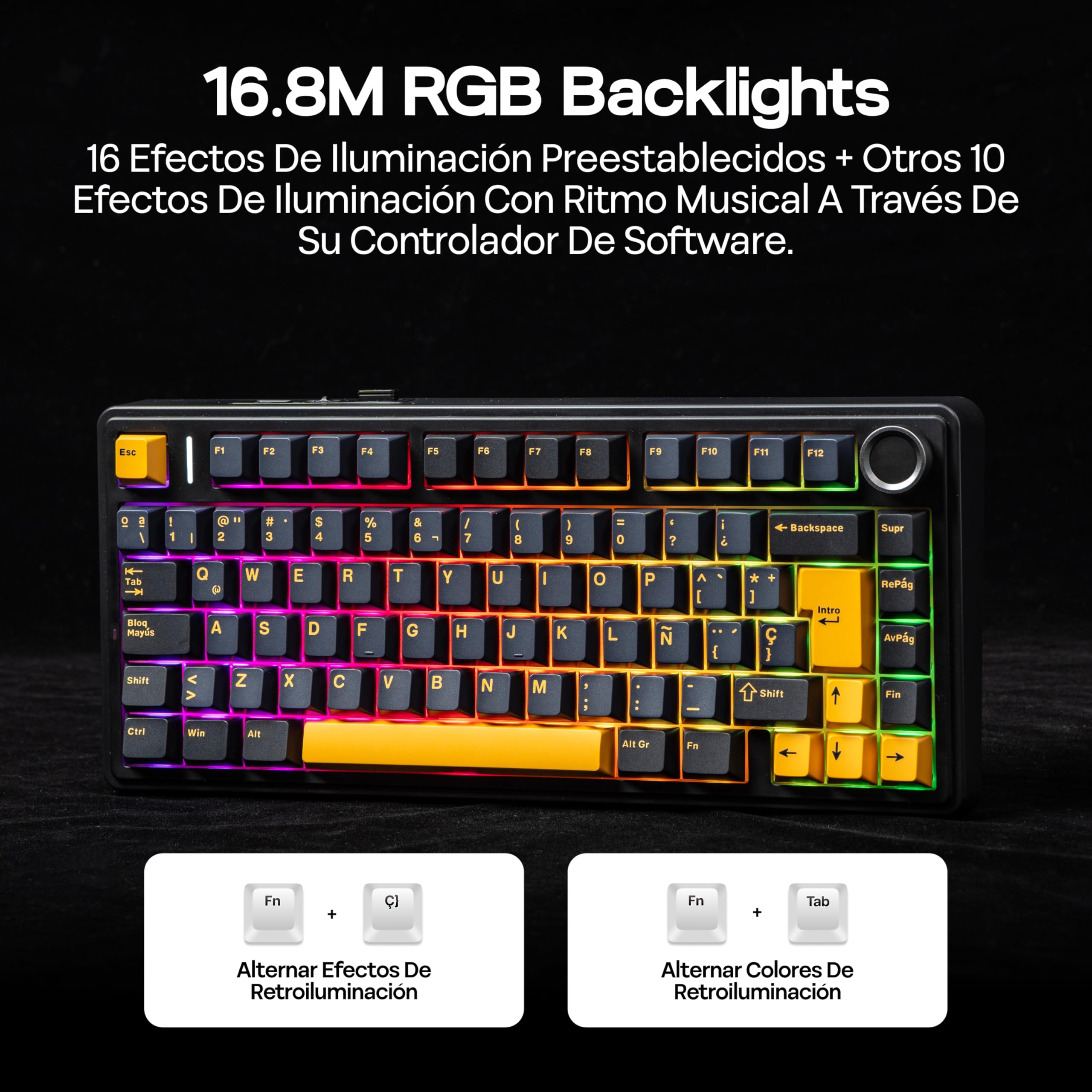 MechLands Aula F75 75% Teclado Mecánico para Gaming, Distribución QWERTY Español, Retroiluminación RGB, Teclado BT5.0/USB-C/2,4 GHz Con Mando Giratorio, Reaper Switches para Win/Mac ()