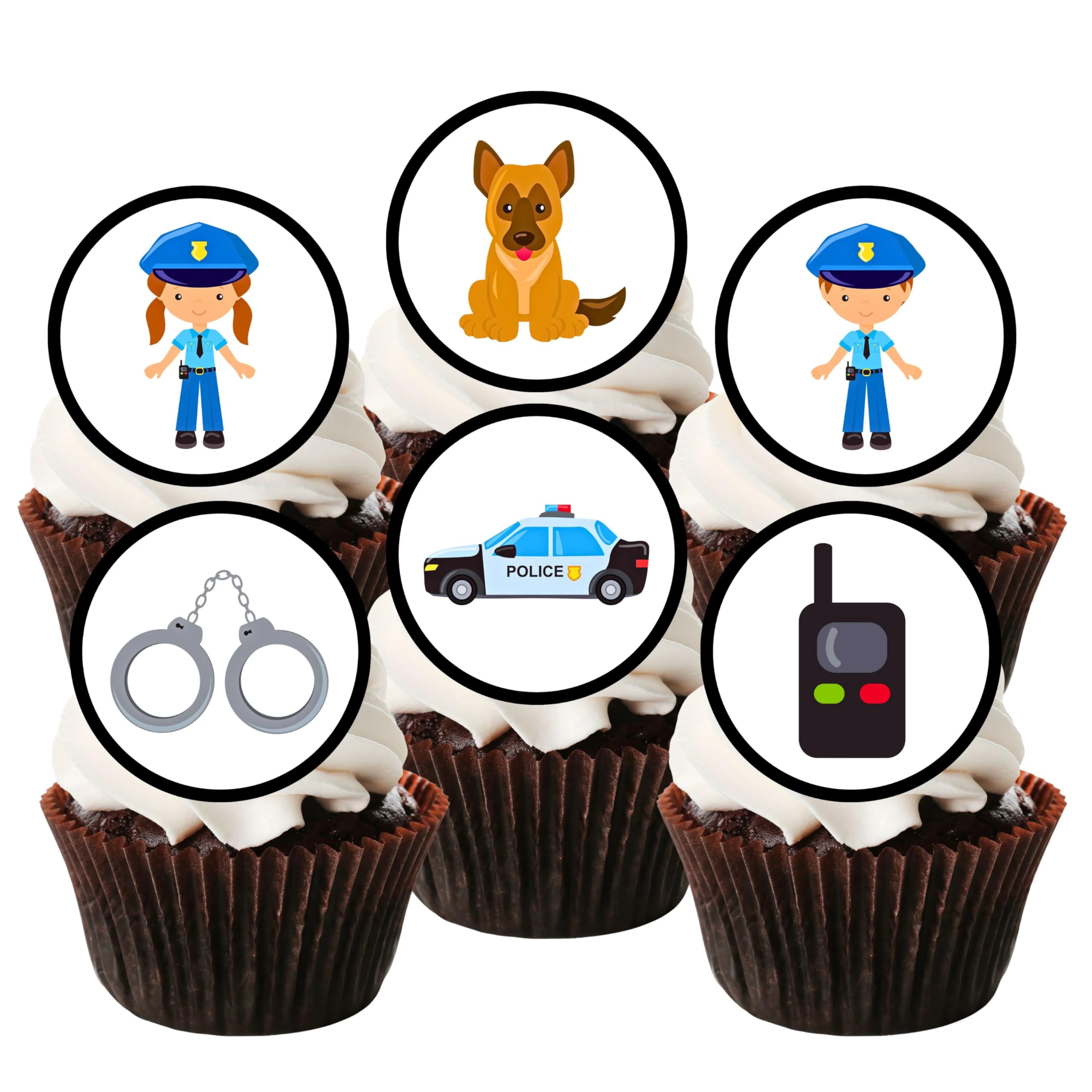 24 Police Officer Sheriff Theme Emergency Services Edible Cupcake Toppers - Stand Up Discs Wafer Cake Decorations, Emergency Services Police Birthday