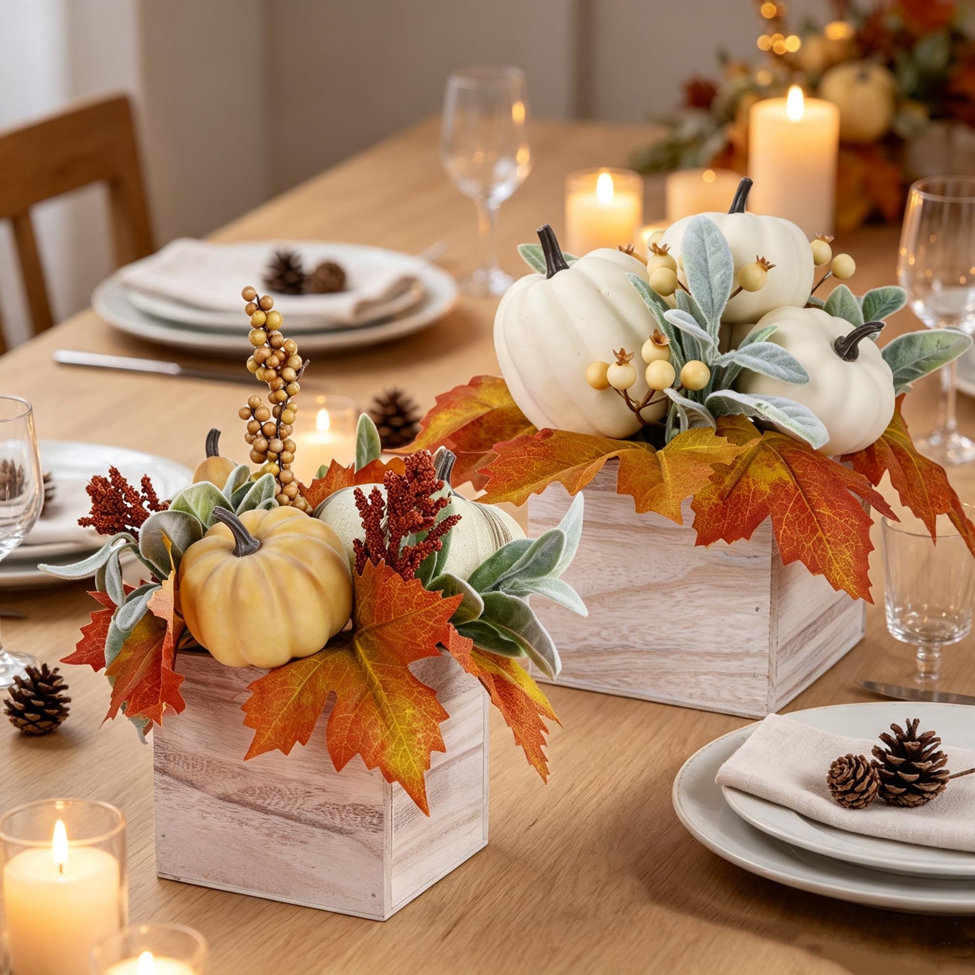 winemana Confezione da 2 decorazioni autunnali per la casa, zucca, zucca, bacche e foglie artificiali in vaso di legno, centrotavola autunnale per sala da pranzo, caminetto, interni