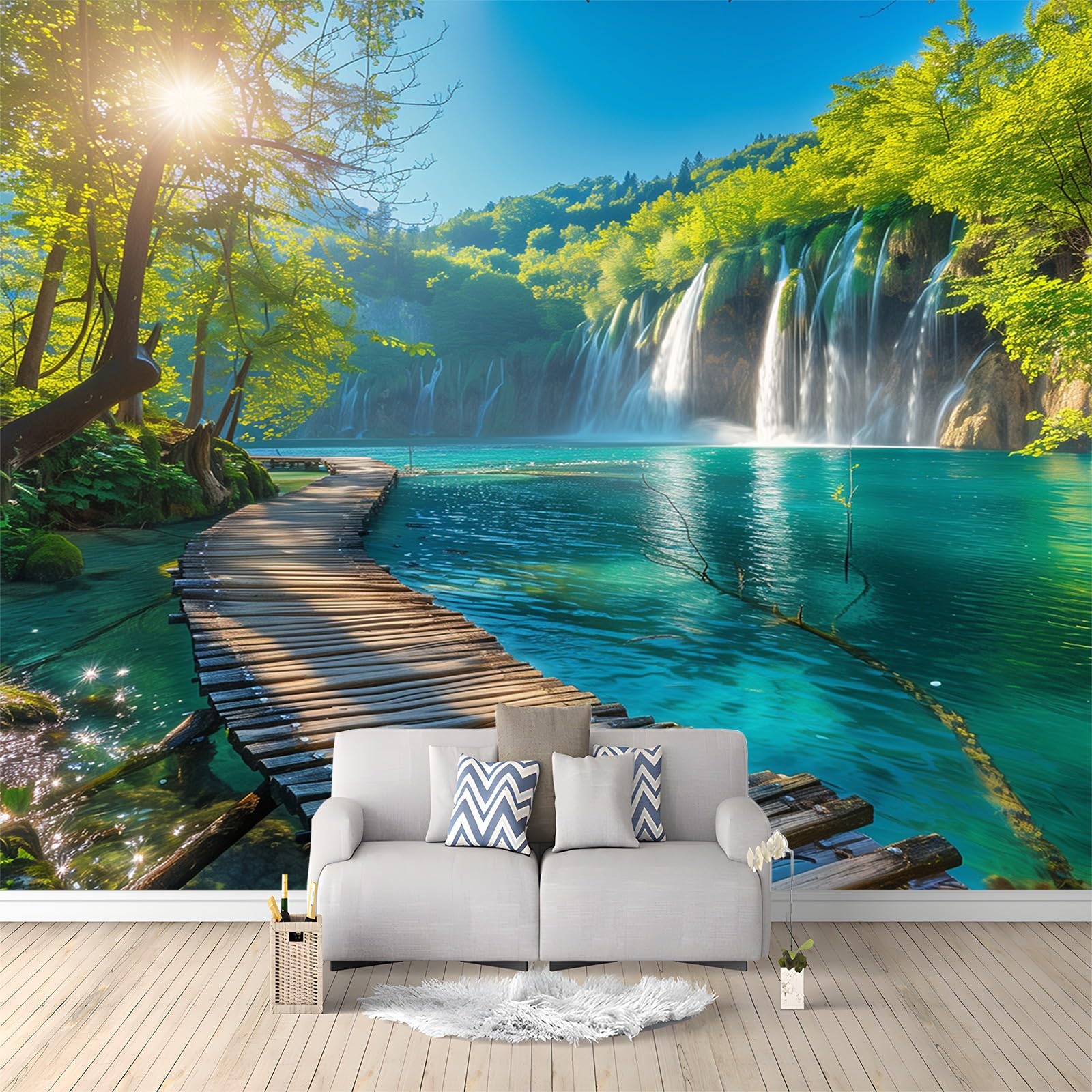 Vlies Fototapete Malerischer Wasserfall Auf Einer Holzbrücke 350x256 cm Art Mauer VliesTapete Wandtapete Wanddeko Wand Wohnzimmer Schlafzimmer Wohnung Wandbilder