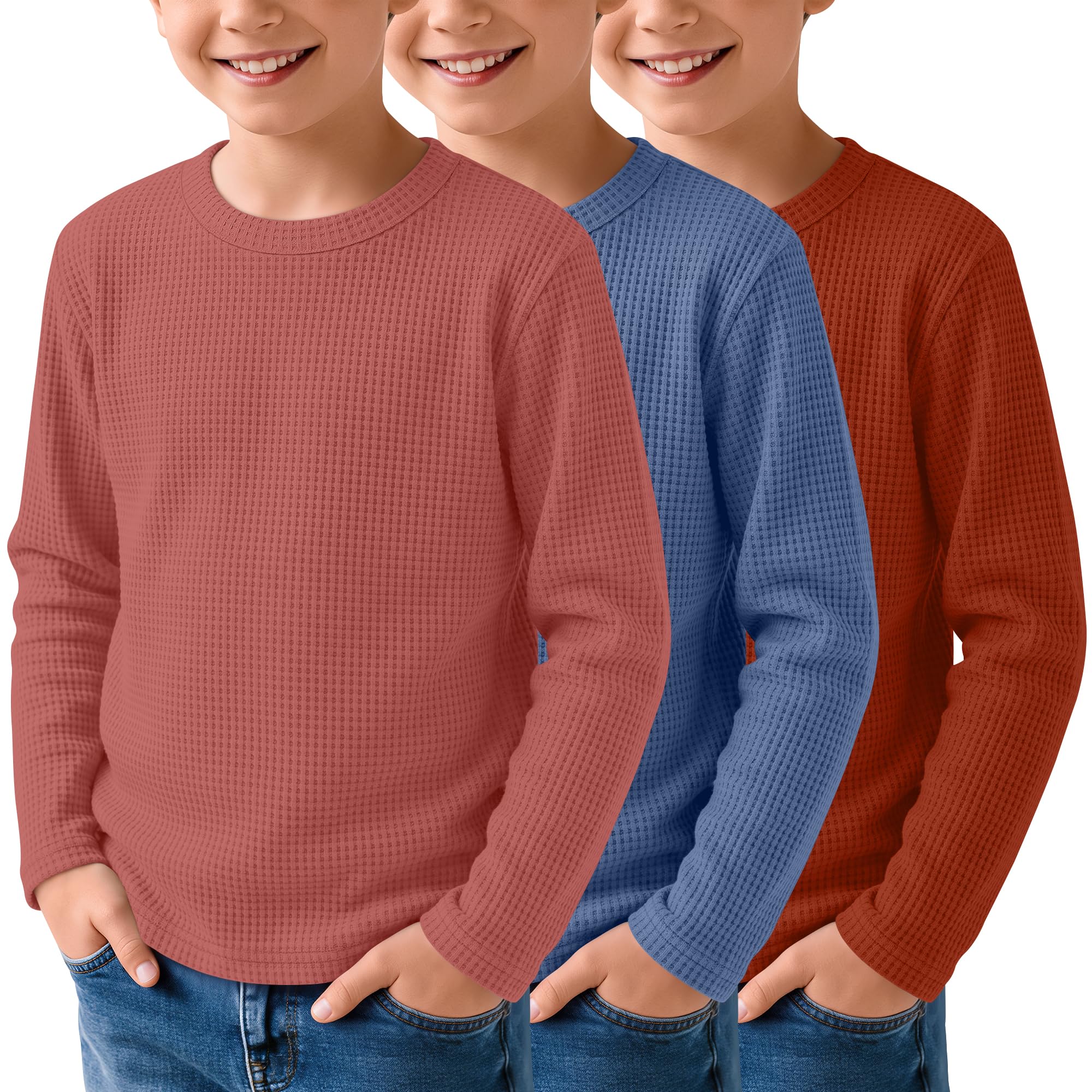 3 Pack Boys Waffle Shirts Kid Long Sleeve Warm Tops