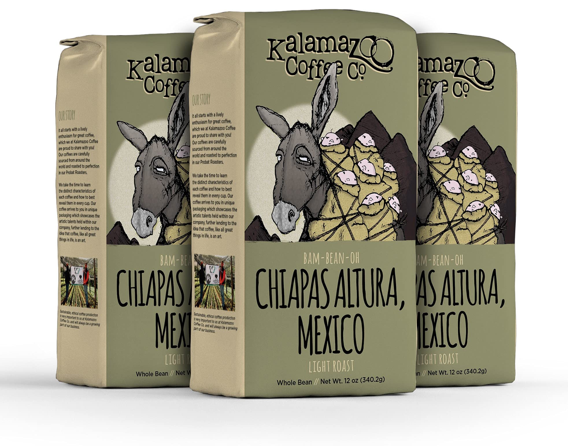 KALAMAZOO COFFEE COMPANY Mexican Chiapas Whole Bean Coffee - Bam-Bean-Oh Light Roast | 12oz Bag (3 Pack)